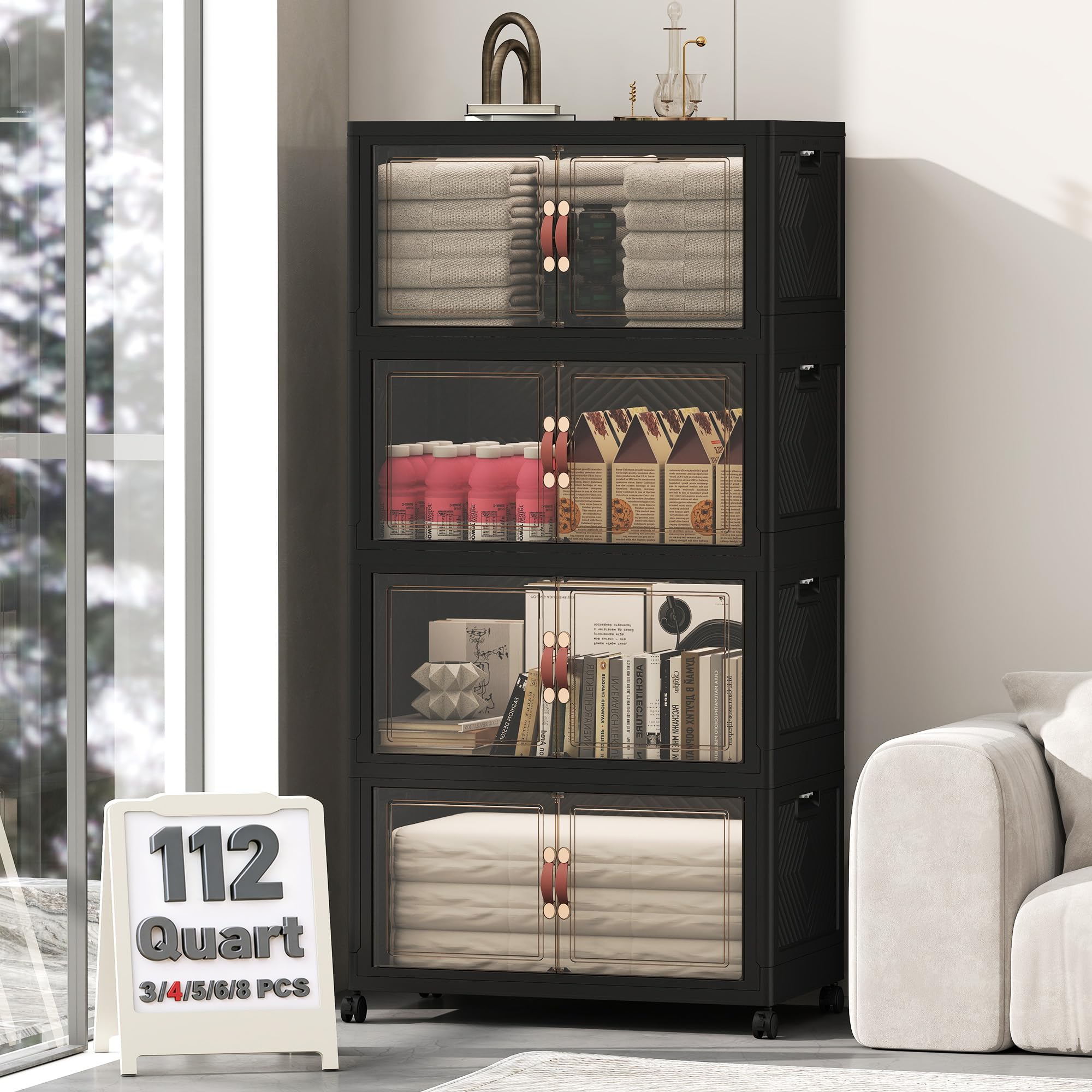 448QT Lockable Storage Bins with Lids - Stackable Storage Cabinet with Doors and Wheels, Collapsible Plastic Organizer and Containers for Bedroom Dorm Office Garage, 4 Pack Cubes | Stackable Organizer with Doors &amp; Wheels, Foldable Containers for Bedroom, Dorm, Office &amp; Garage Storage