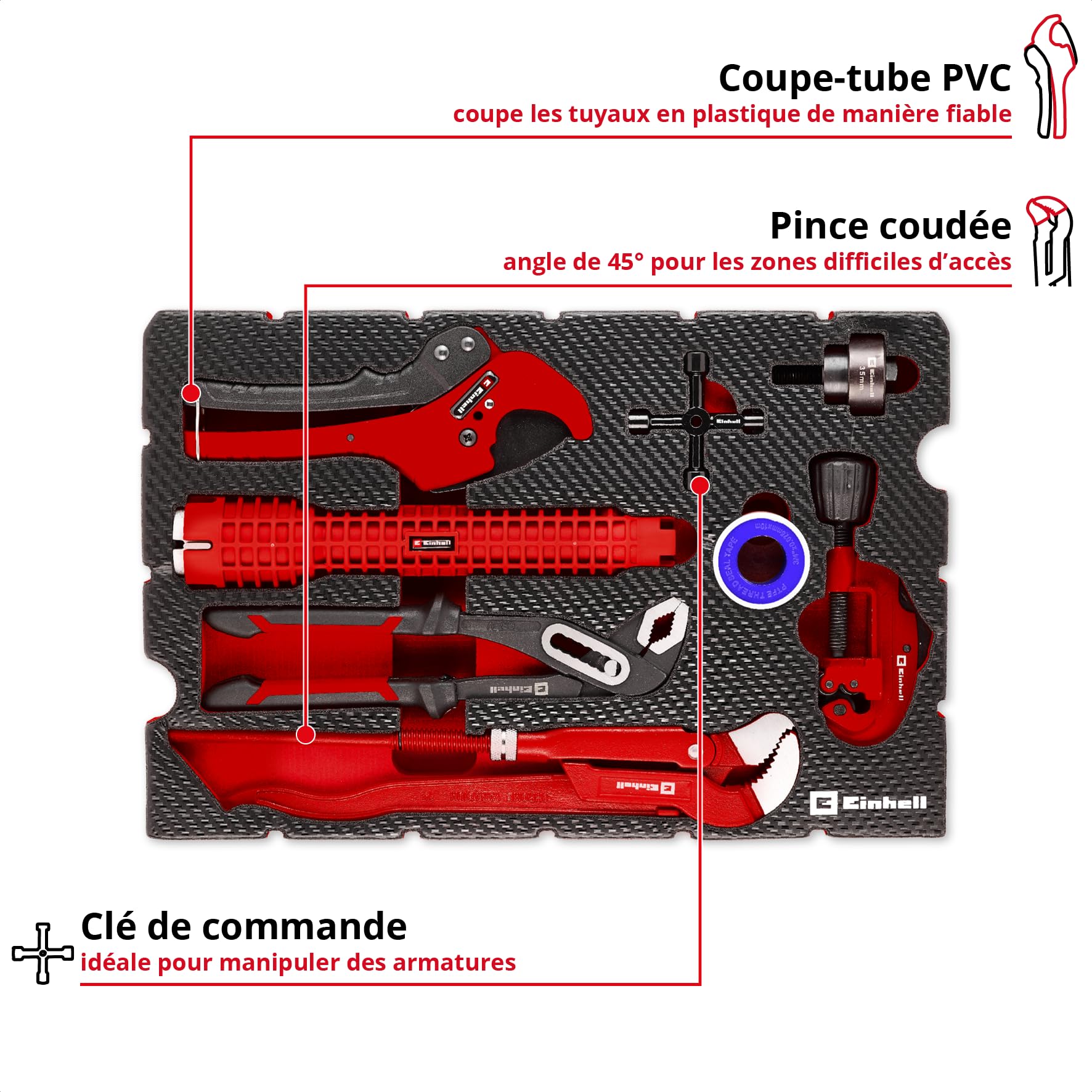 Einhell E-Case insert d’outils 8 pièces avec kit d’installation sanitaire | Kit plomberie | coupe-tube | clé lavabo multifonction | emporte-pièce tôle | clé armoire électrique | ruban isolant | pinces