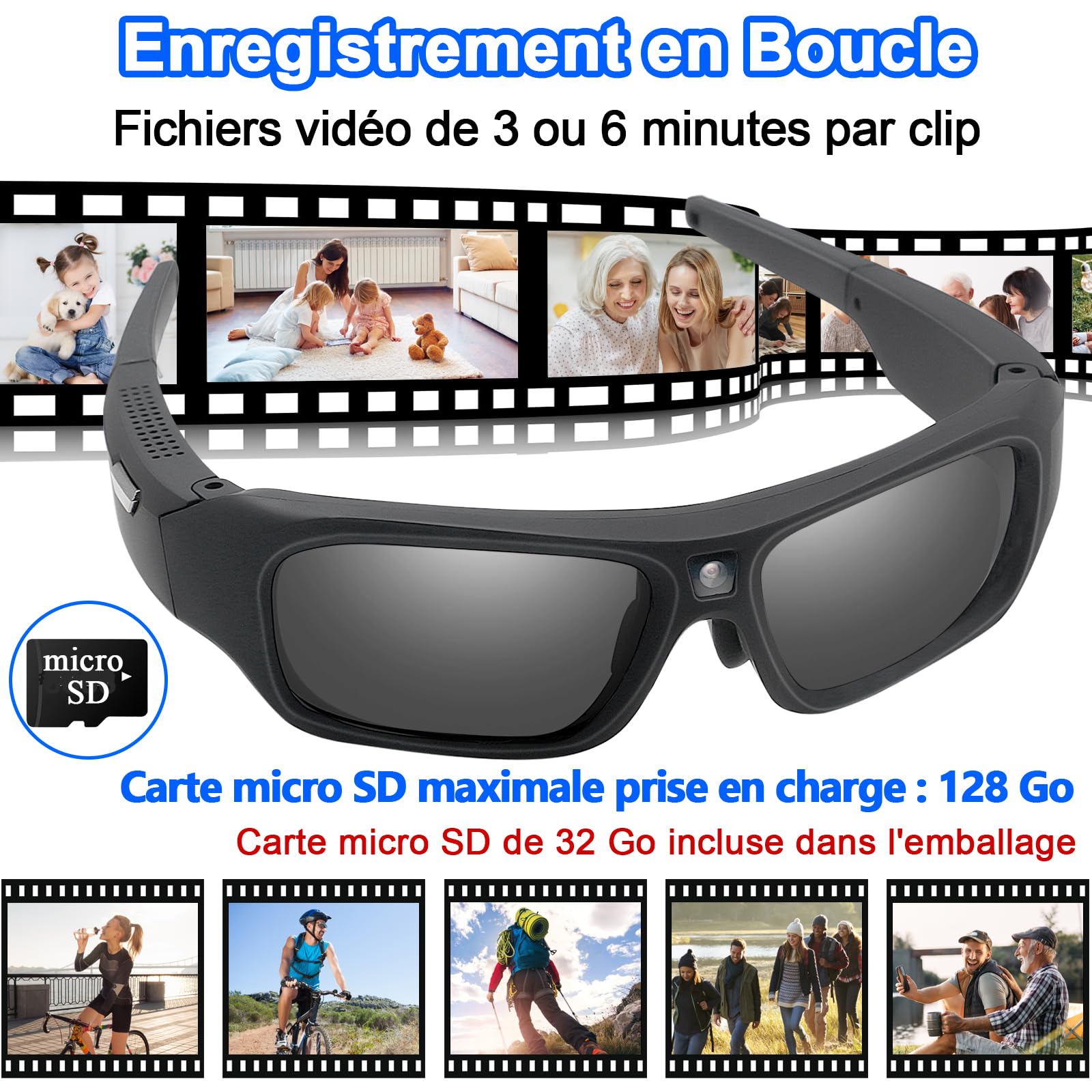 TANGMI Lunette Caméra 4K, Action Cam pour Moto Outdoor, Polarisée 32GB | Enregistrement Vidéo, Caméra Embarquée, Lunettes Vidéo, 85°, Un Seul Bouton, Vélo Pêche Randonnée Ski, Type-C, Étui