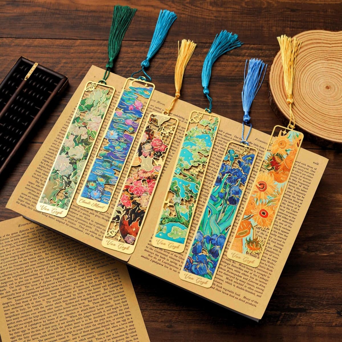 IcosaMro Large Bookmark for Women 6 Pieces 6" Van Gogh Monet Oil Painting Floral Cute Book Marks for Reading Women Hollow Metal Bookmarks Gifts for