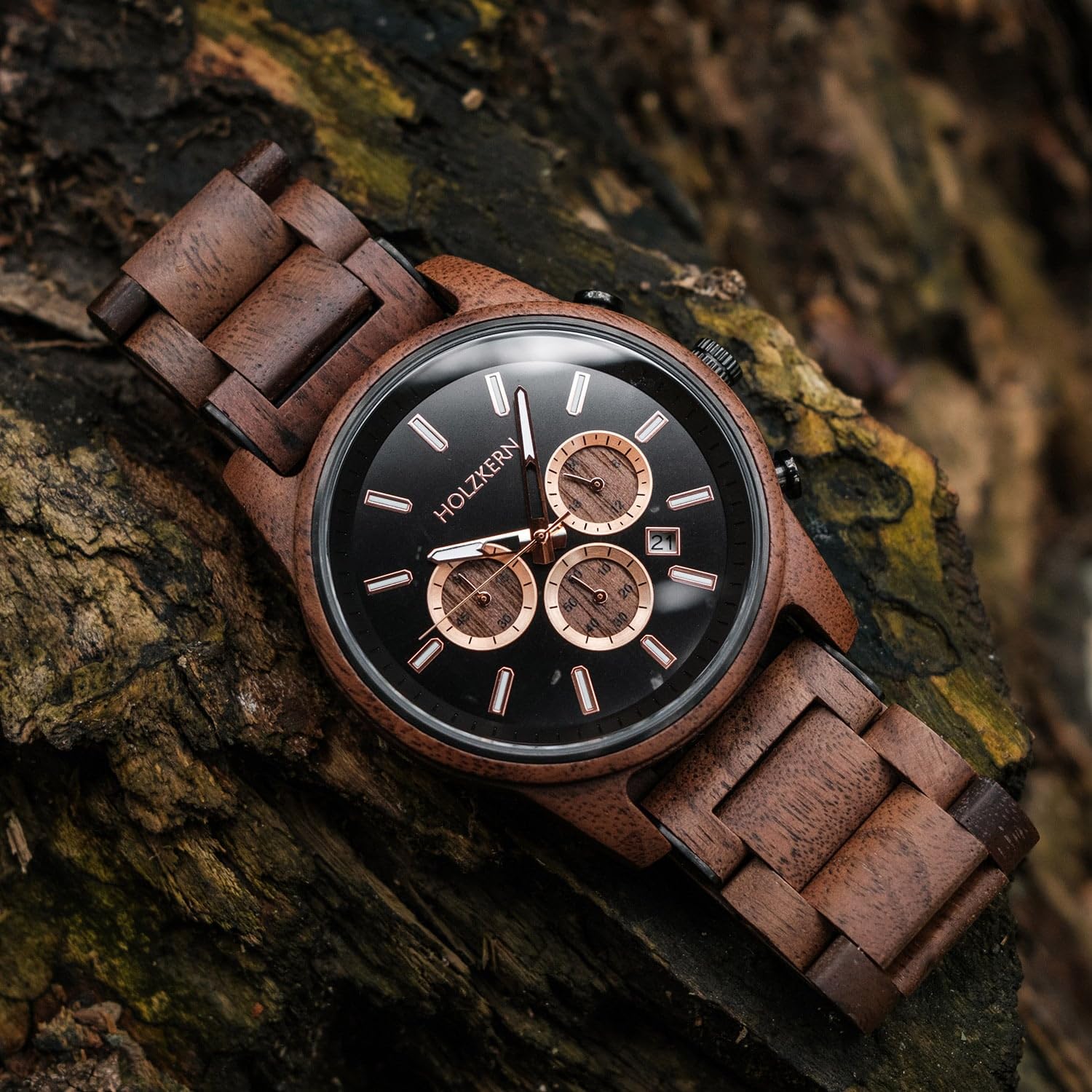 HOLZKERN Herrenuhr Quarz Chronograph Buschwerk Walnuss/Marmor 9010631016364 | Armbanduhr mit japanisches Quarzwer und Zifferblatt aus schwarzem Marmor