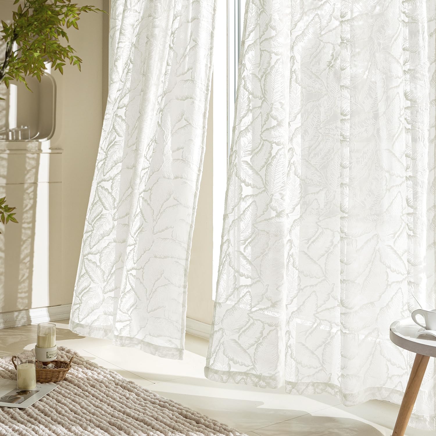 MIULEE Tende Ricamate a Foglie Trasparenti per Soggiorno e Camera da Letto - Eleganti e Moderne Con Occhielli, Set di 2 Pezzi 140X240 cm Bianco