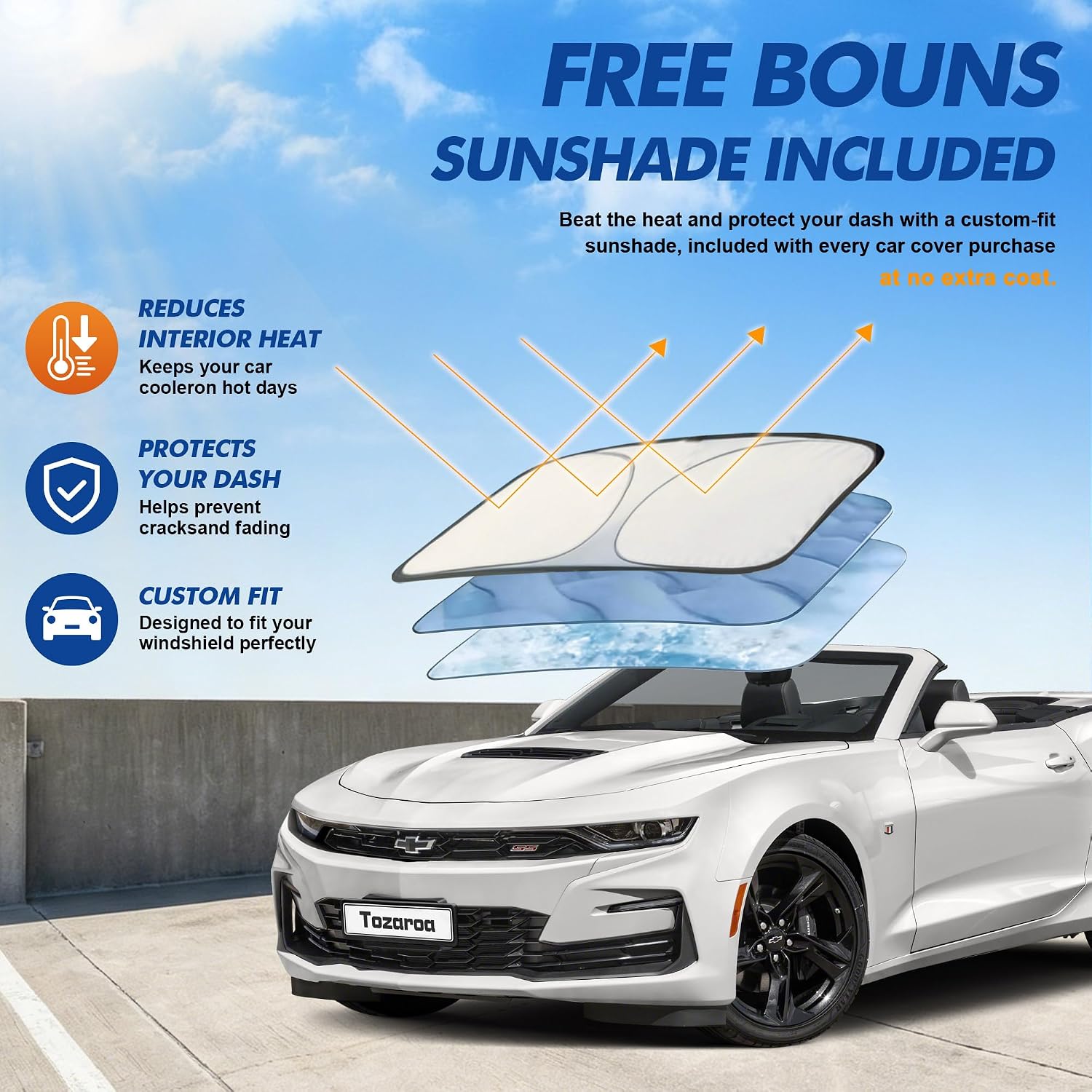 Chevrolet Camaro Gen1–Gen6（1966-2023） Car Cover Waterproof All Weather with Windshield Sun Shade Breathable Vents, Heavy Duty Ultra Sun Rain Snow Dust UV Resistant & Sun-Proof (Gift with Towel)