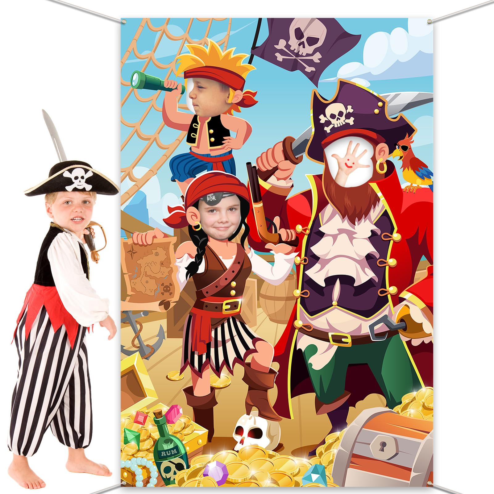 DPKOW Kids Pirate Photo Prop, Fun Fabric Face in Hole Backdrop Door Banner for Kids Birthday Party Decorations, Giant Pirate Face Photo Banner, 3.3x6ft