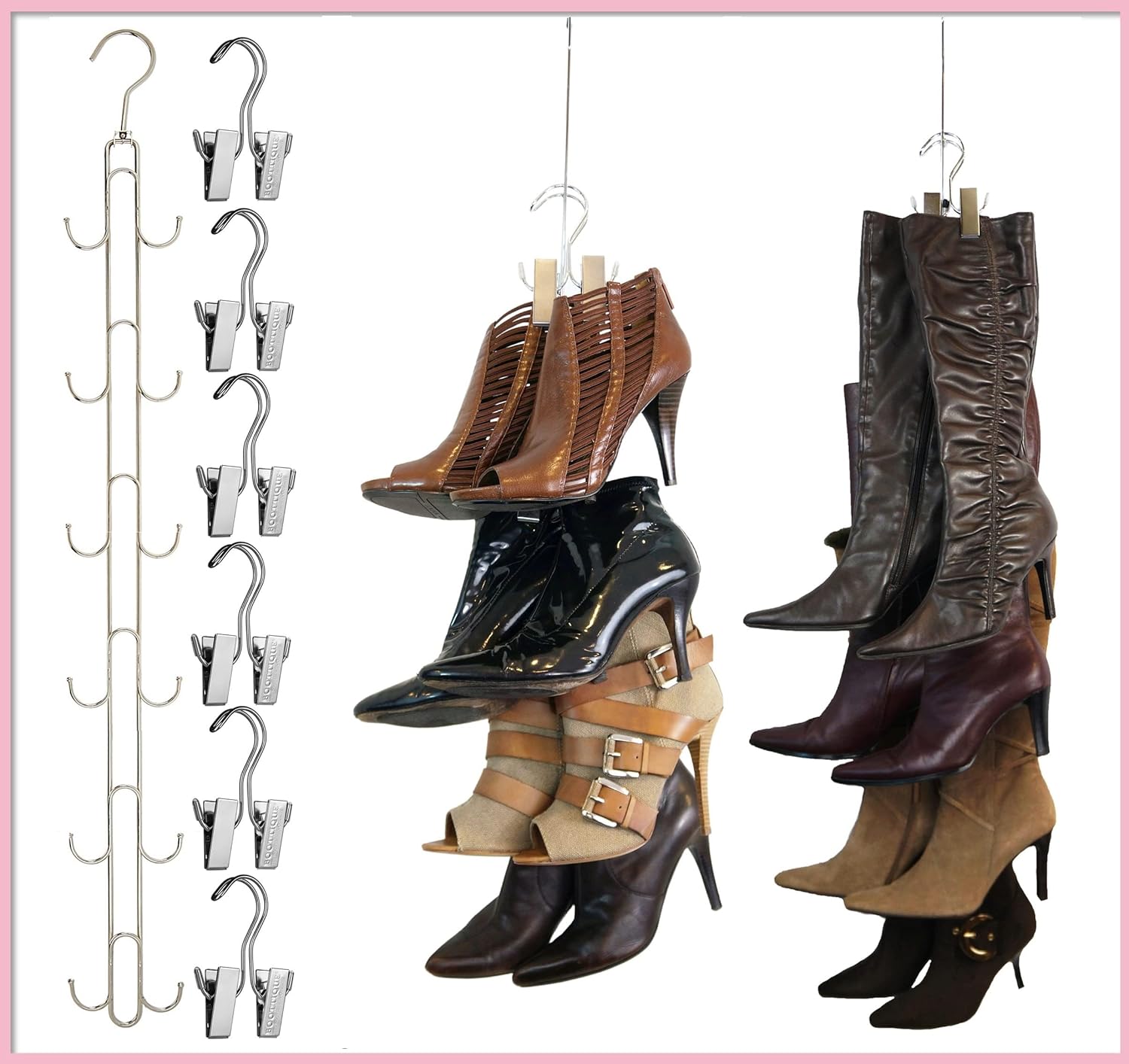 Boottique Boot Organizer: The Boot Rack - Fits in Most Closets- Hangs, Holds, Shapes, & Protects every size and style of Boots (Boot Stax Vertical Storage System with 6 Boot Hangers- Silver Hangers)