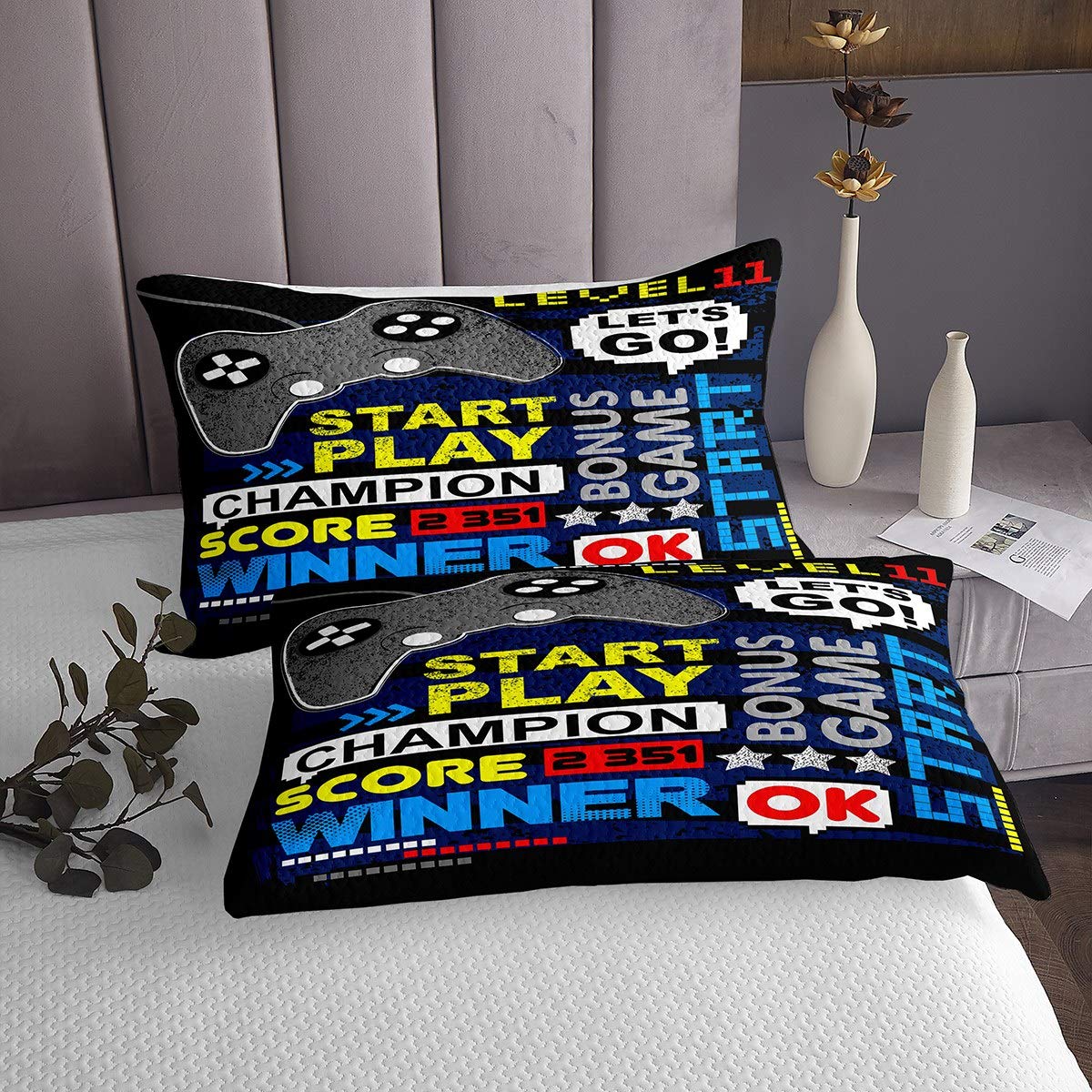 Gamer Copriletto Gioco Torneo Coverlet per Bambini Ragazzi Videogiochi Gamepad Set Trapunta Novità Controller Copertura Letto Collezione Camera Da Letto 3 Pz260x240cm