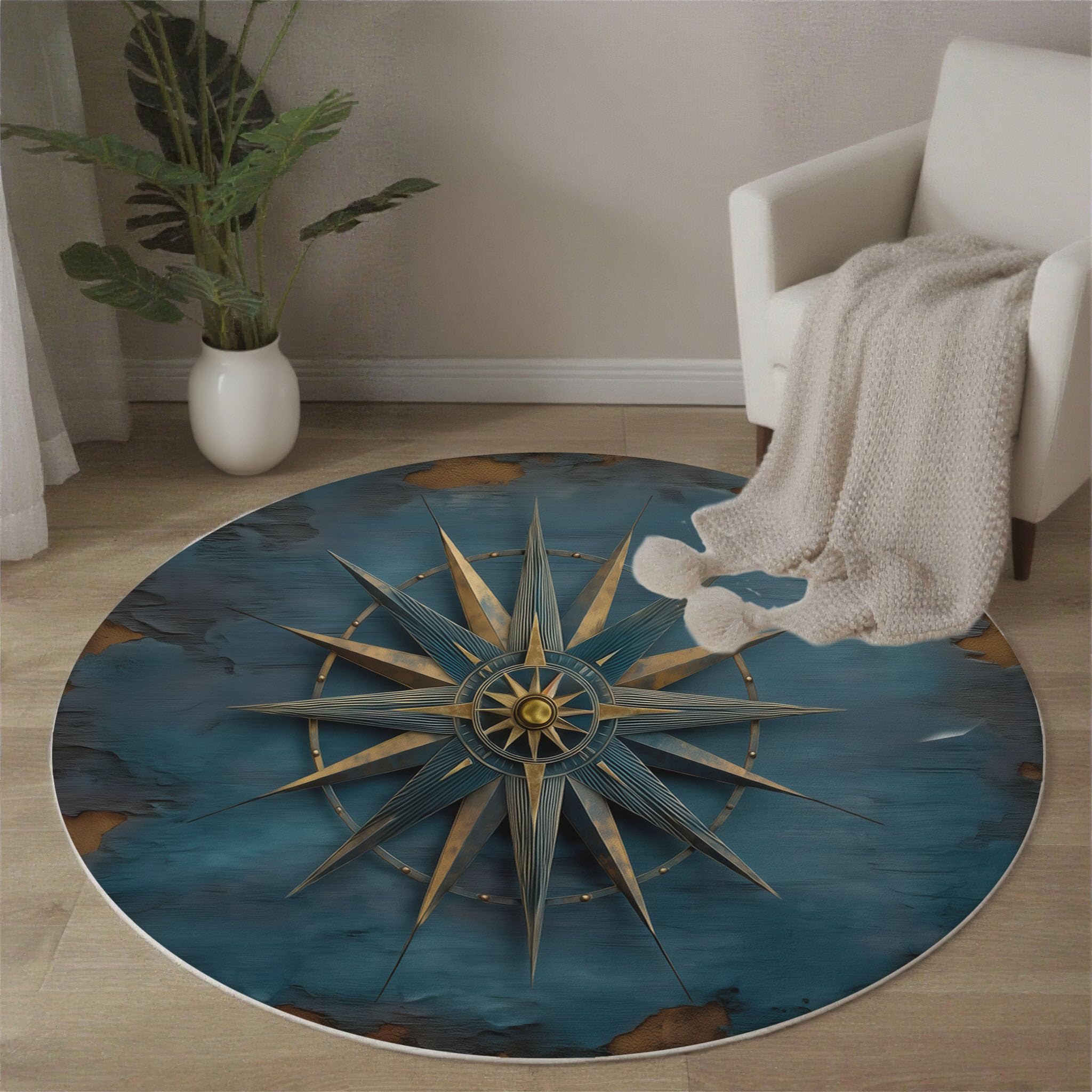 Tapis boussole rétro rond bleu doux texture marine 120cm