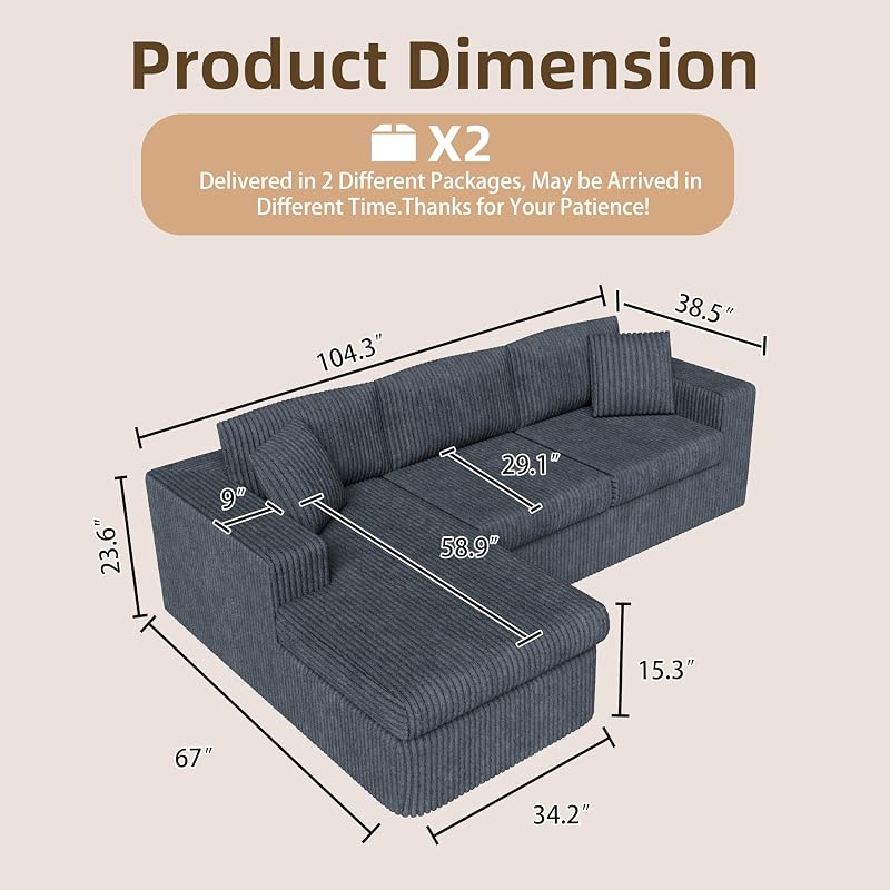 Shintenchi 105" Boneless Couches for Living Room,L Shaped Modular Sectional Sofa Set,No Assembly Needed Plush Corduroy Living Room Set,Dark Gray image 2