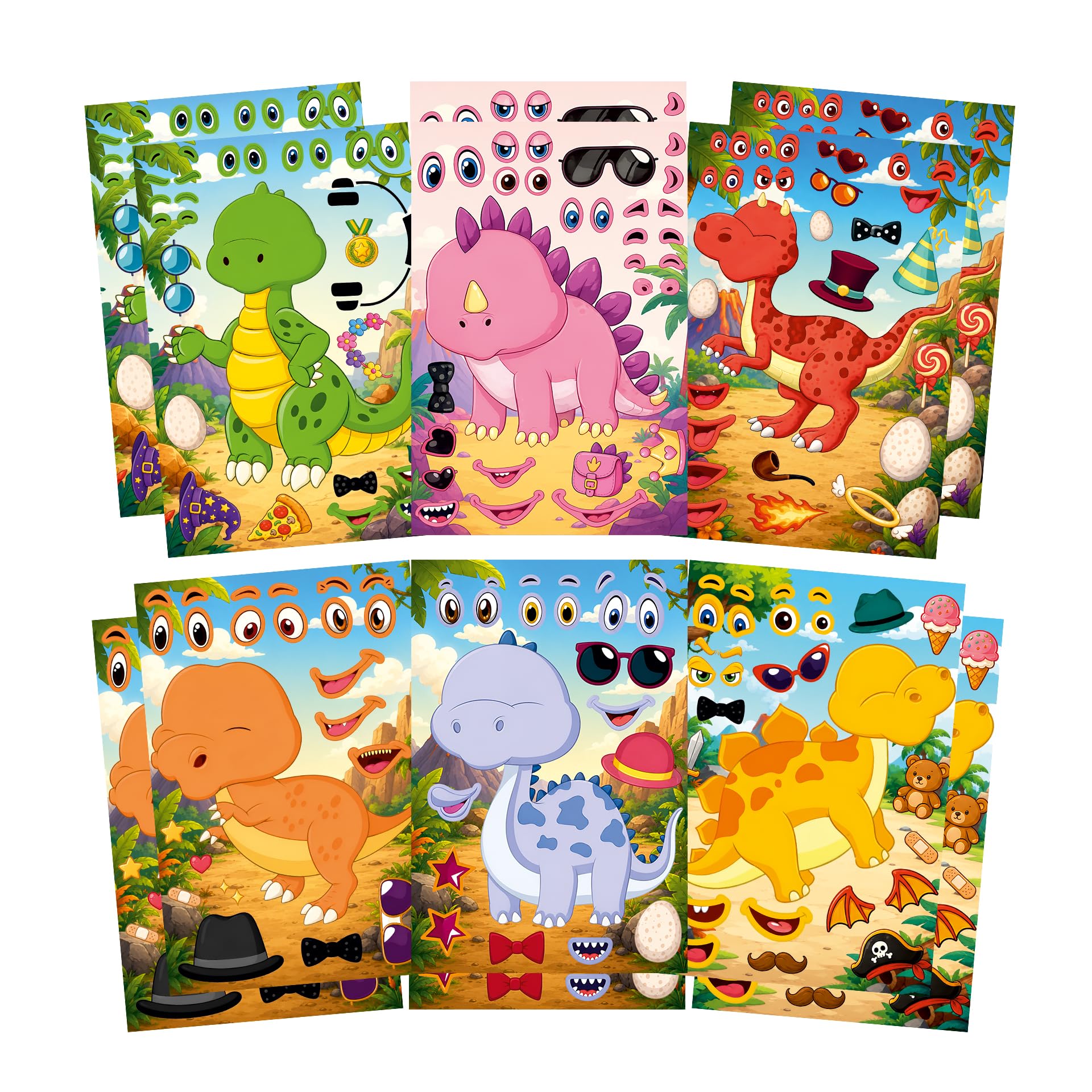 CodersParadise Dinosaur Make-a-Face Sticker Activity Set, 12 Sticker Sheets, Mix & Match Dinosaur Face Stickers, DIY Craft for Kids, Birthday Party Favors, Classroom Activities, Goodie Bag Fillers