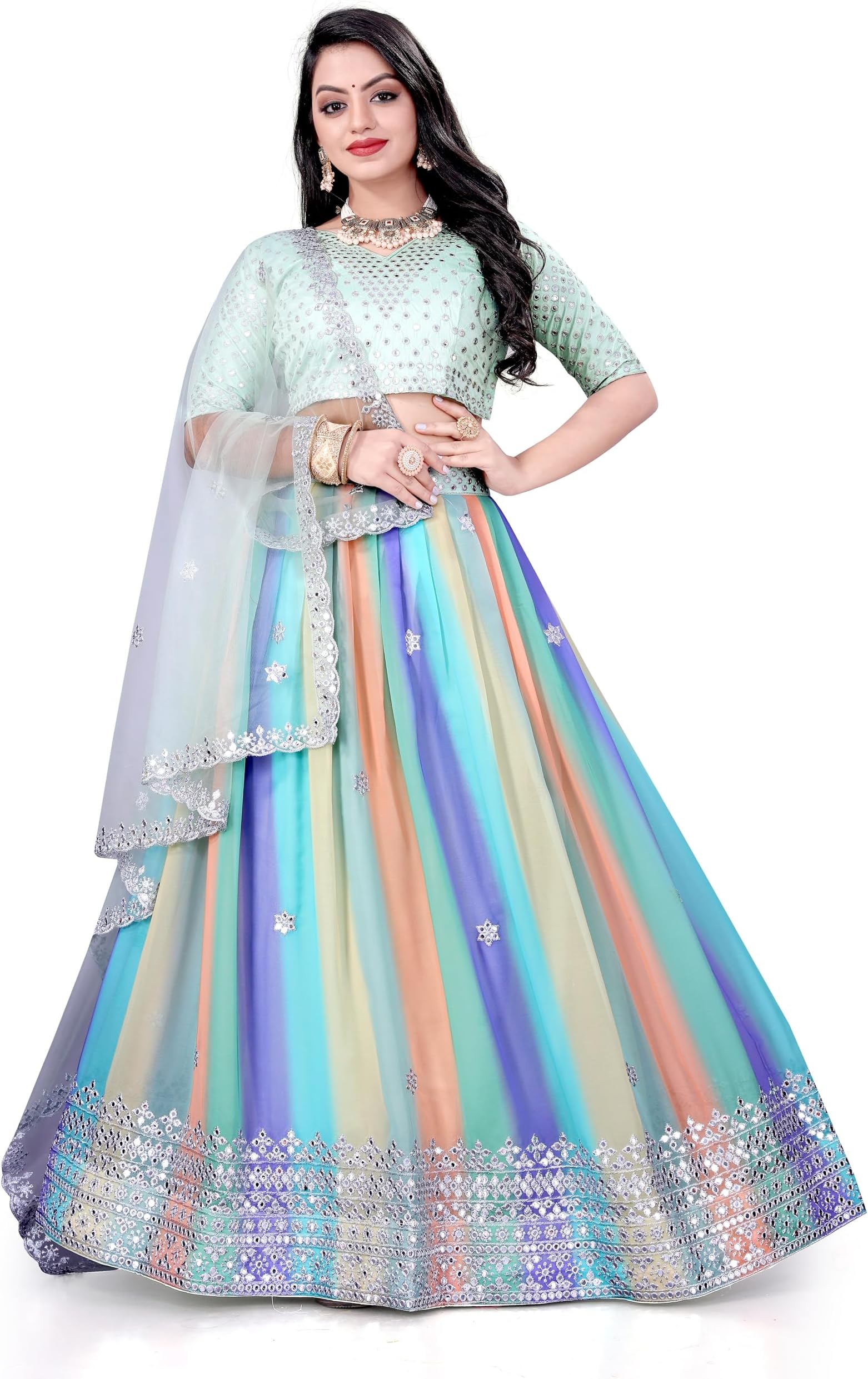 WEMERA TRENDS Bollywood Lengha Indian Designer Wedding Party Printed Lehenga With Unstitched Choli, Muticolor, Lehenga: Length-42" Inches Width-up To 42 to 44"