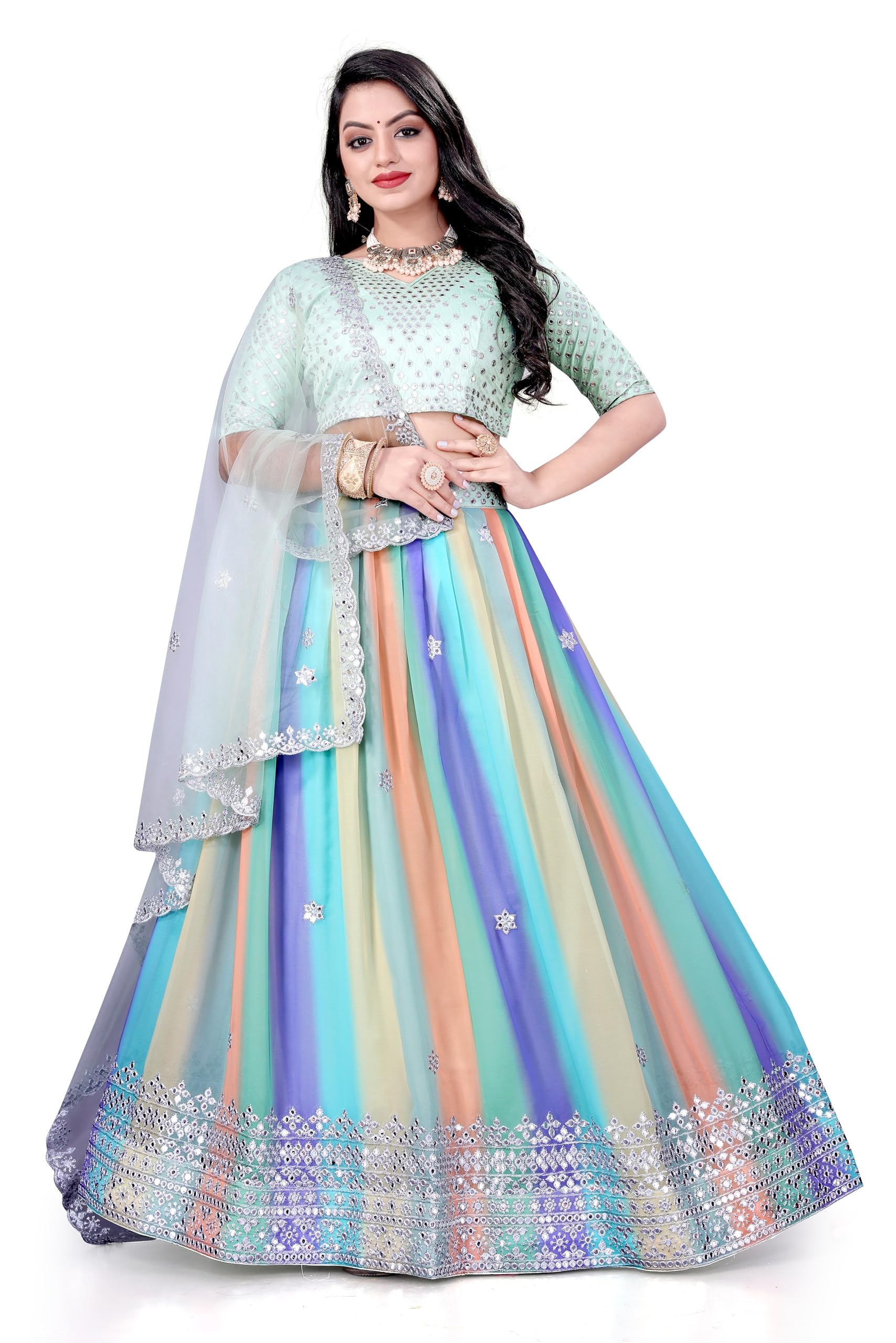 WEMERA TRENDS Bollywood Lengha Indian Designer Wedding Party Printed Lehenga With Unstitched Choli, Muticolor, Lehenga: Length-42" Inches Width-up To 42 to 44"