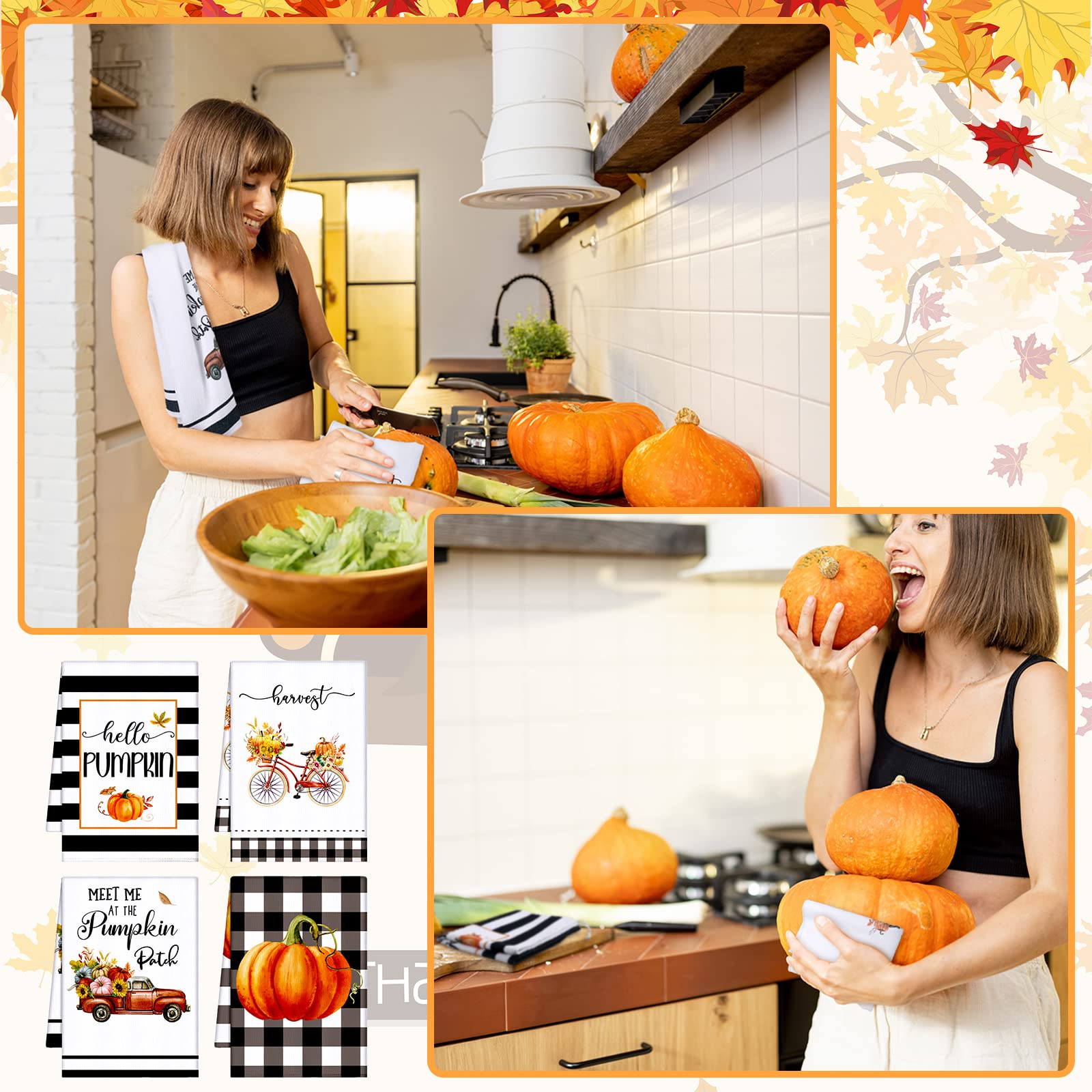 Bencailor 4 Pcs Thanksgiving Kitchen Dish Towels Fall Pumpkin Dish Cloths with Hanging Loop Autumn Tea Towels Maple Leaves Dish Hand Towel for Fall Kitchen Bathroom Decor (Black, White,Plaid)