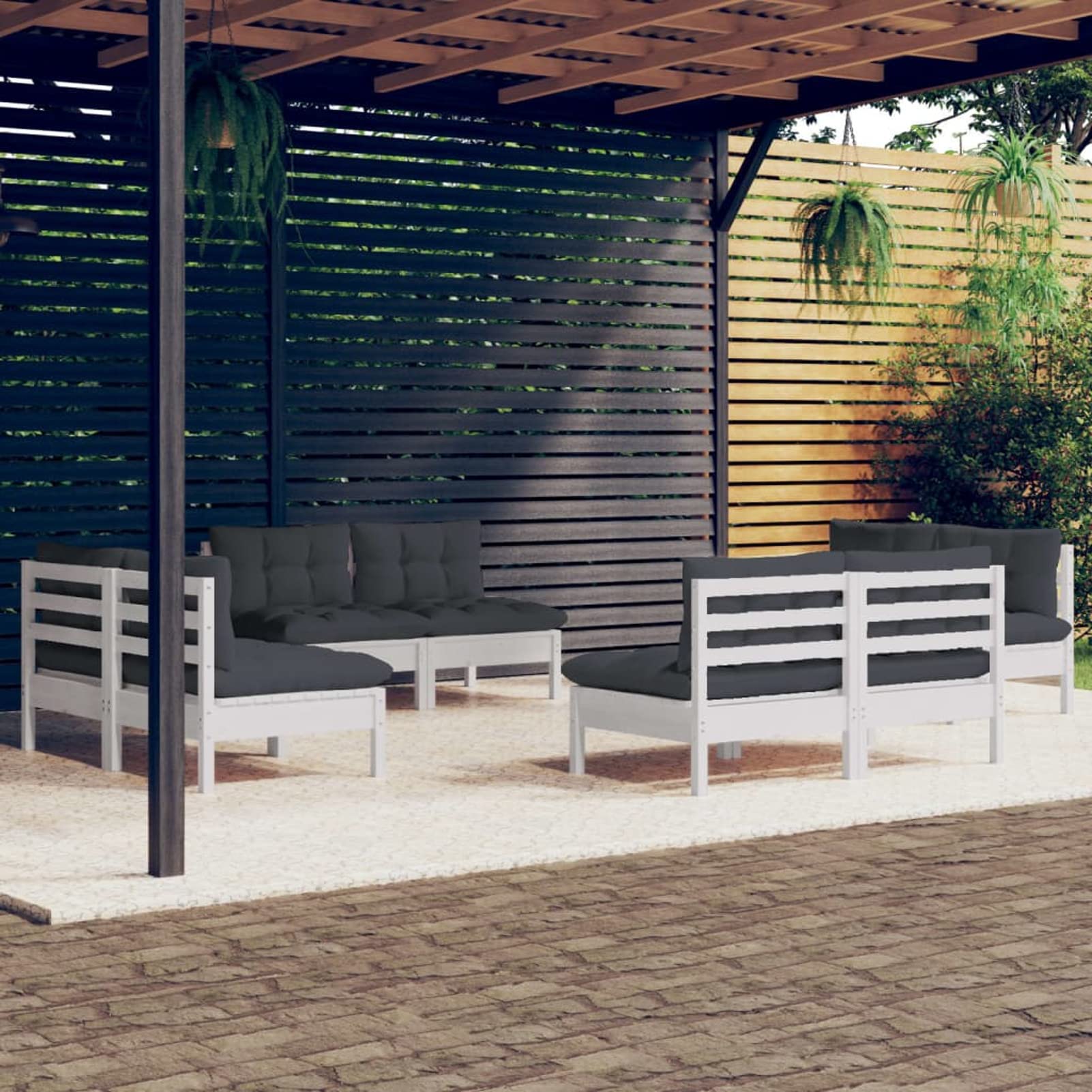 Juego de muebles de jardín de 8 piezas con cojines de color antracita, madera de pino, sofá de jardín, muebles de salón, balcón, terraza, jardín, salón de jardín