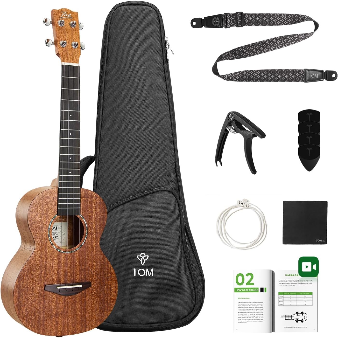 TOM 26” Tenor Ukulele – Solid Top Mahogany Includes Quick Locking Strap, Professional Ukelele for Kid & Adult, Deep Tone with D’Addario Strings, Full Ukulele Beginner Kit Includes Gig Bag (AM5-T) 26 Inches