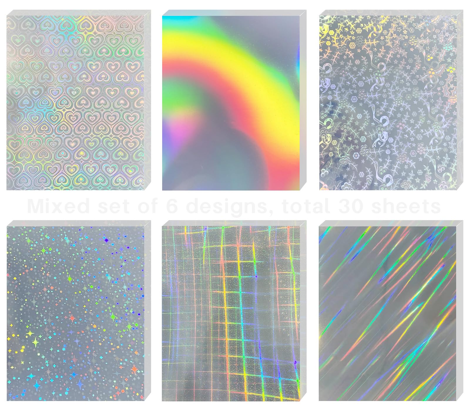STARZIWEN 30 Sheets Holographic Vinyl Printable Sticker Paper A4 Size (8.25" x 11.7") US letter size Rainbow Glossy Sticker Self-Adhesive Waterproof Dries Quickly For Inkjet/Laser Printer(6 Desg-Mixed โ image 1