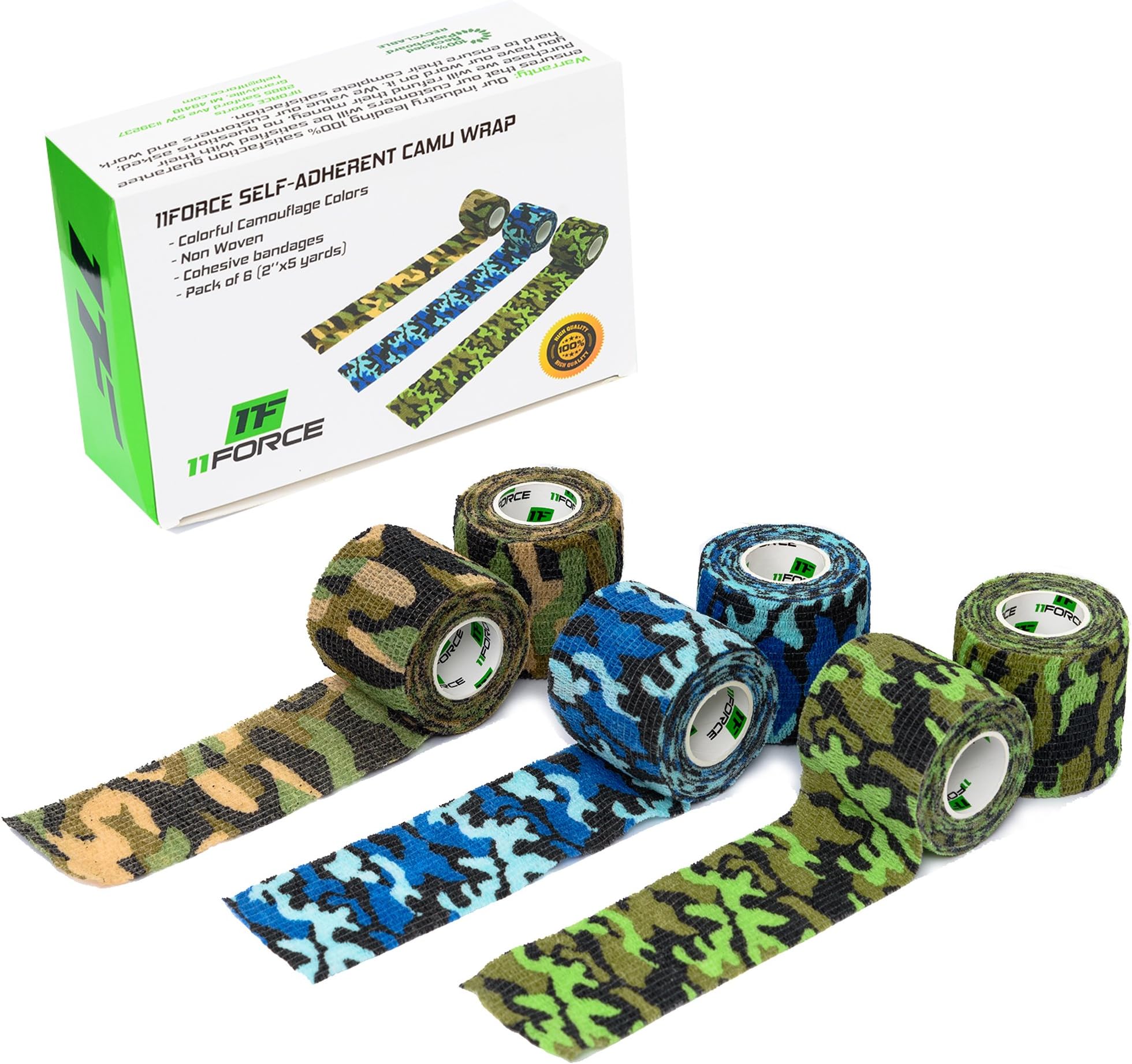 11FORCE Self Adhesive Camo Wrap 2 in x 5 Yards - (Pack of 6) - Wide Variety of Uses Including - Medical Care, Compression Wrap, Vet Tape, Hunting Gear, Support for Wrist, Ankle