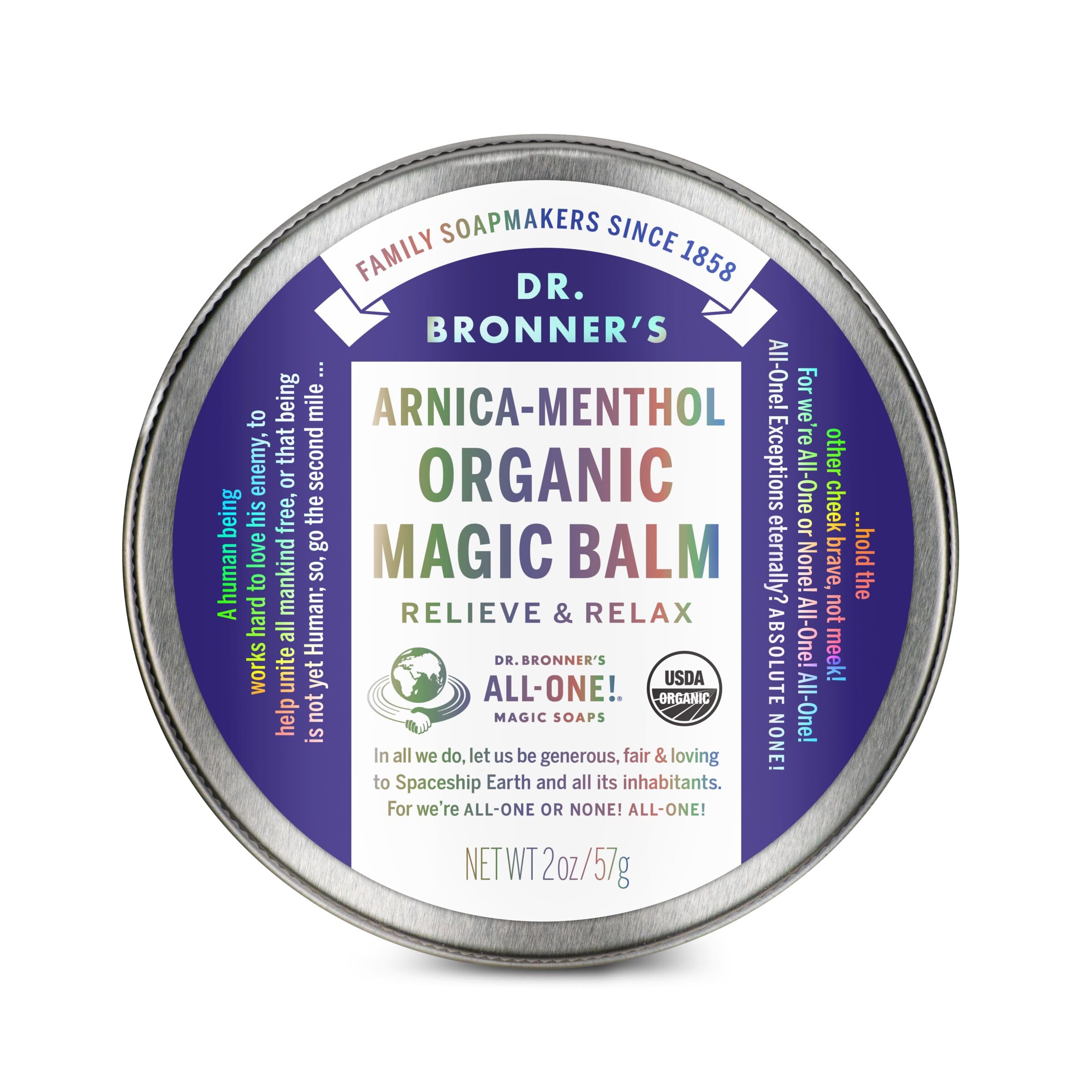 Dr. Bronner's - Organic Magic Balm (Arnica-Menthol, 2 Ounce) - Made with Organic Beeswax and Organic Hemp Oil, Relieves and Relaxes Sore Muscles and Achy Joints, Moisturizes and Soothes Dry Skin USDA Organic