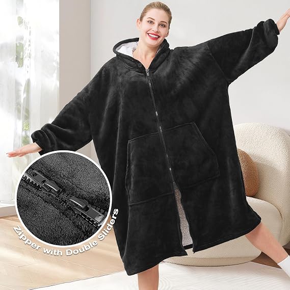Wearable Blanket Hoodie for Women Men Sherpa Oversized Sweatshirt Blankets with Sleeve Pocket Adult Hoodies Black