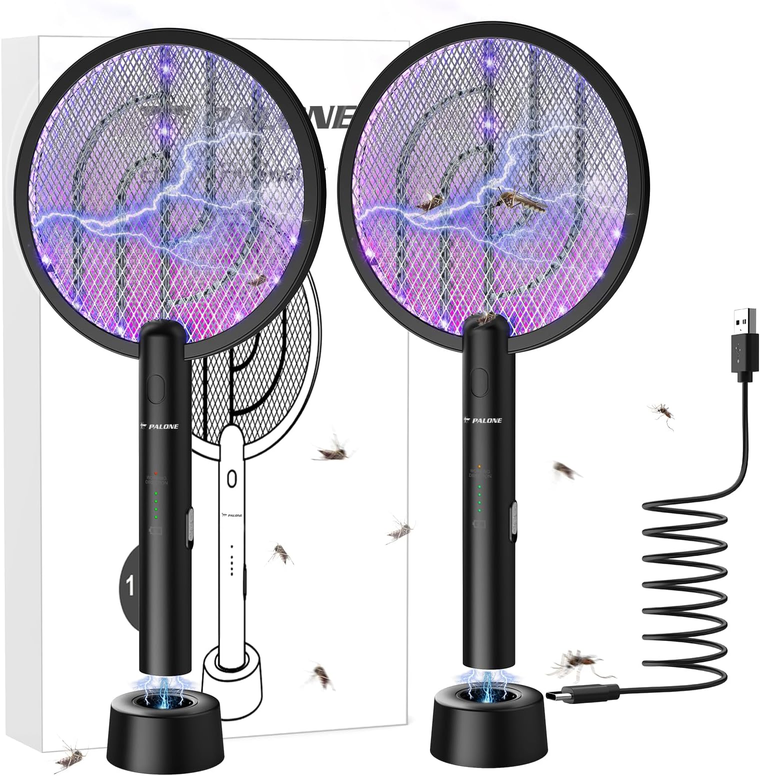Electric Fly Swatter PALONE, 4000V Dual Modes Bug Zapper Racket, Mosquito Killer with Type-C Charging Dock, Insect Zapper with 3-Layer Safety Mesh Electric Fly Swatter for Indoor/Outdoor, Black 2 Pcs