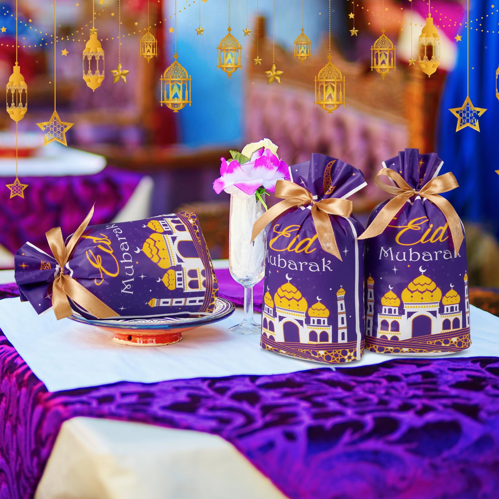 Blulu 50 Pcs Eid Mubarak Gifts Bags Plastic Ramadan Gift Bags Arabesque Moon Bulk Mosque Happy Eid Theme Goodie Pouches for Muslim Mubarak Party Candy Wrapping Supplies Decorations
