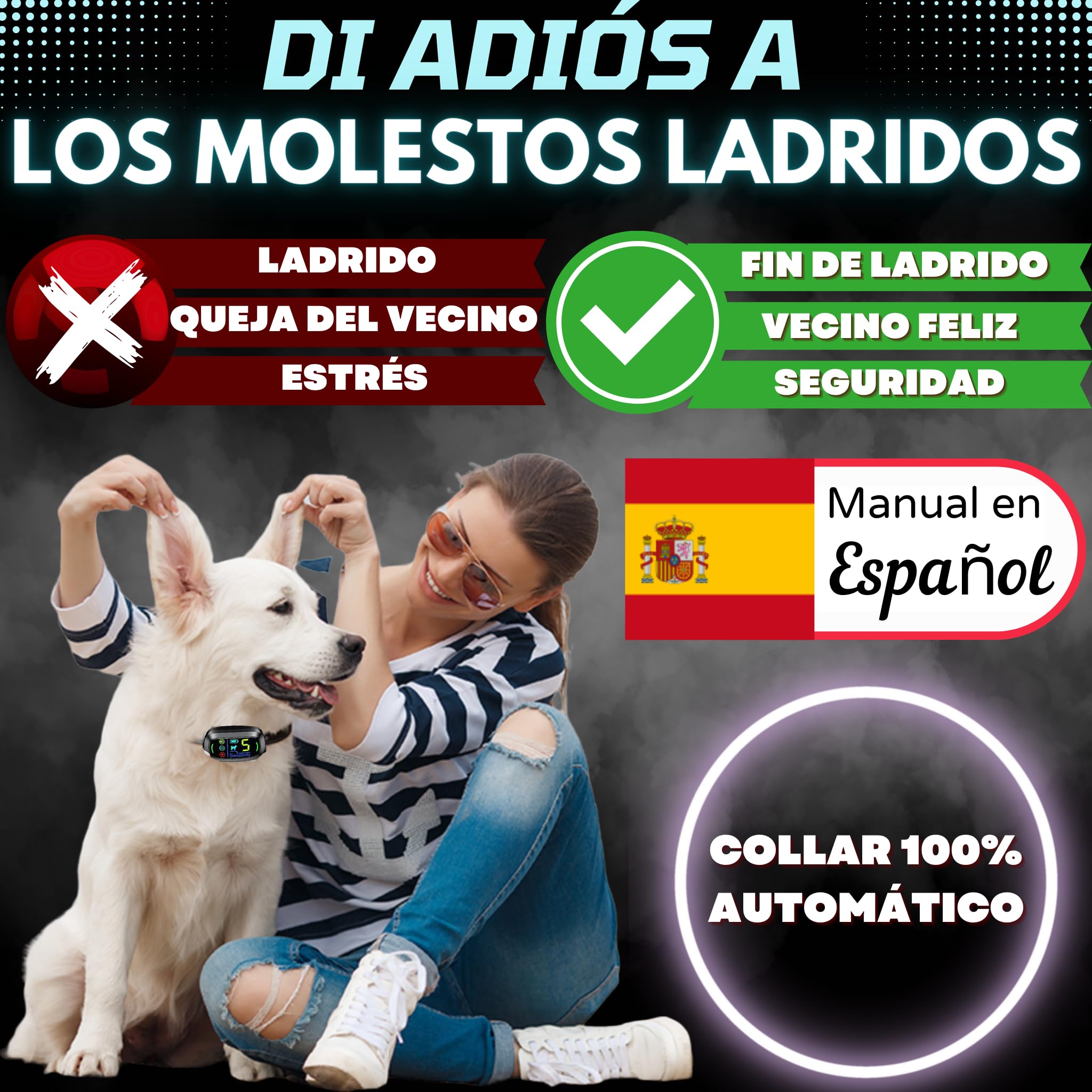 PAWPRO Collar Antiladridos para Perros | Cumple Nueva Ley Bienestar Animal 2024 | Inteligencia Artificial, Detección de ladridos, Pantalla Color | 3 Modos Beep, Vibración, Beep+Vibración | Manual ESP