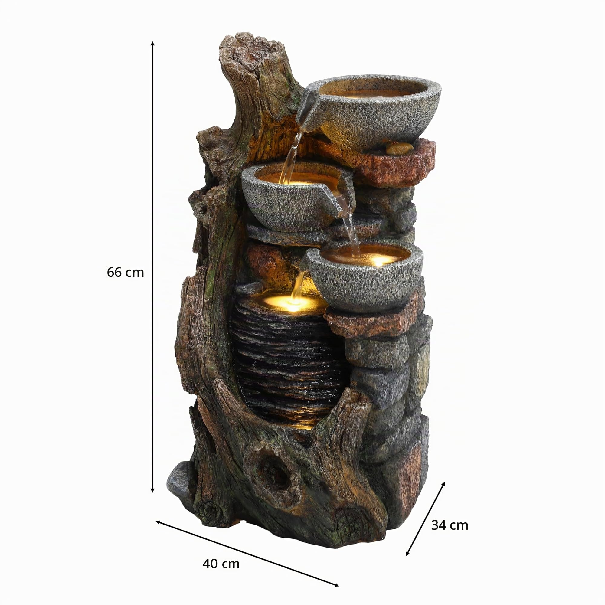 Wasserspiel Kaskade für Außen, Elektrischer Gartenbrunnen Zement Grau mit LED Beleuchtung, IP44 Pumpe & 7m Kabel – Modell „Rustikaler Bach“ inkl. Reinigungsbürste