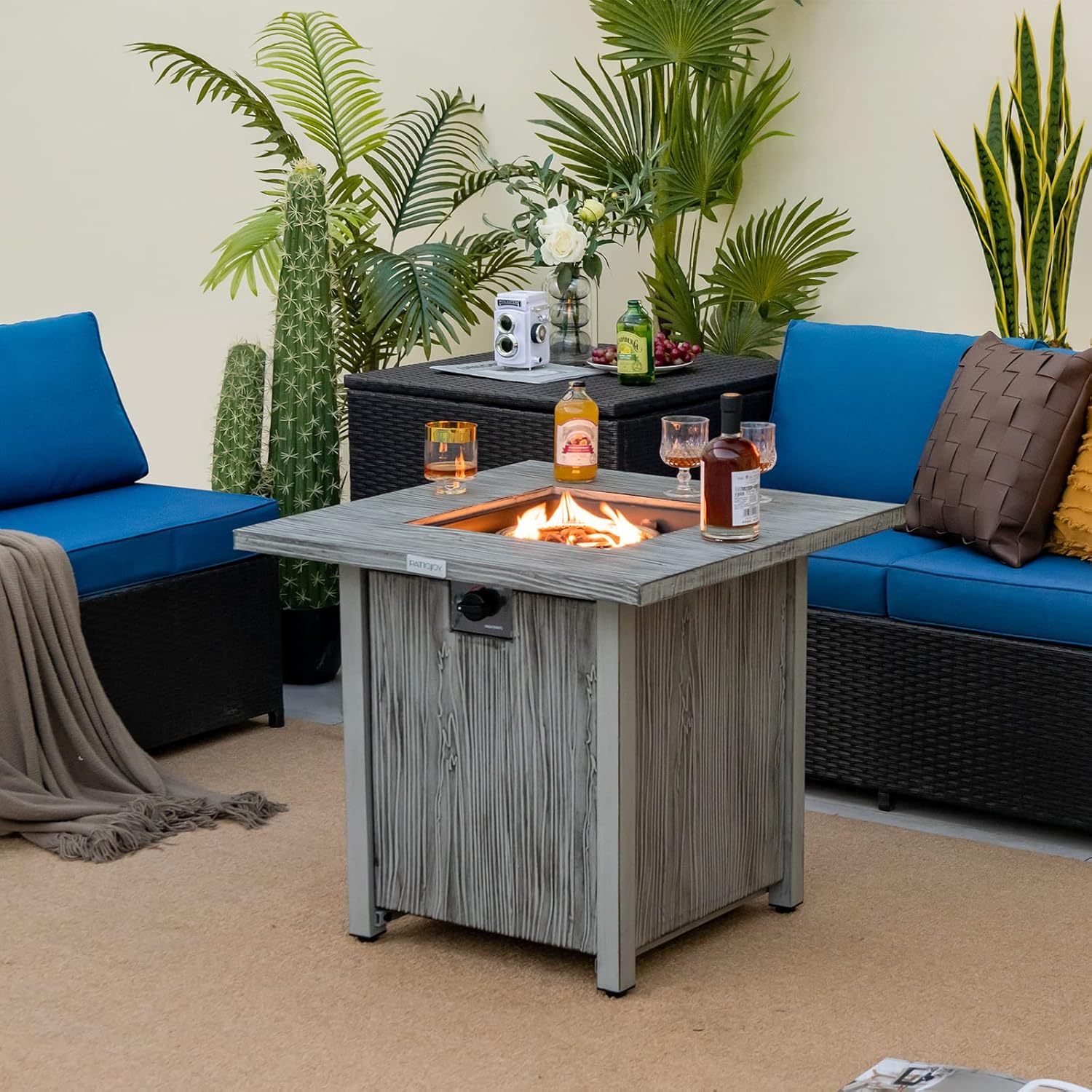 28'' Gray Wood-Look Propane Gas Fire Pit Table with Lid