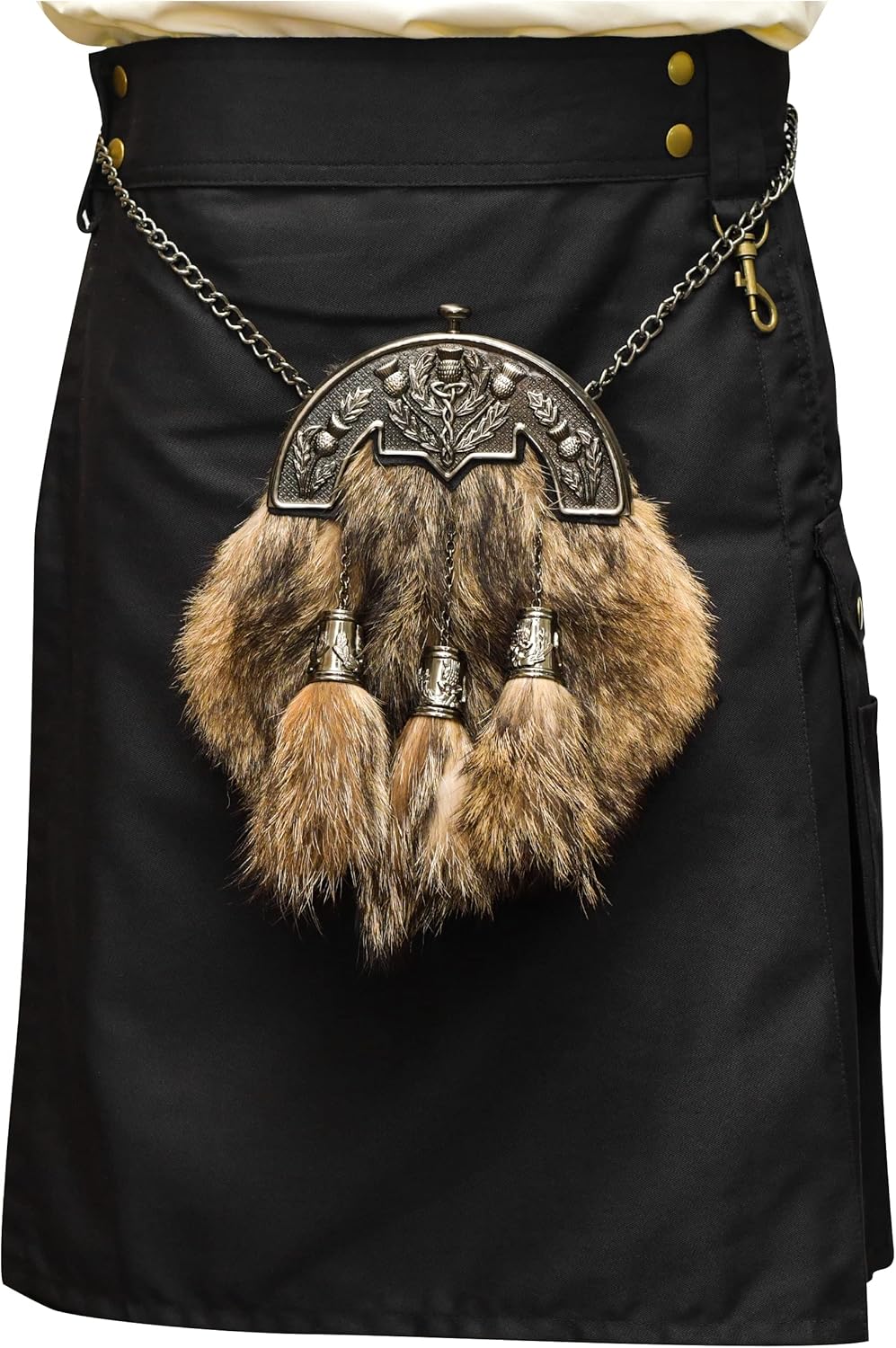 Sporran Kilt for Men Premium Coyote Fur Full Dress Scottish kilt Sporrans for men with Chain Belt Kilt Accessories (Thistle Coyote fur)