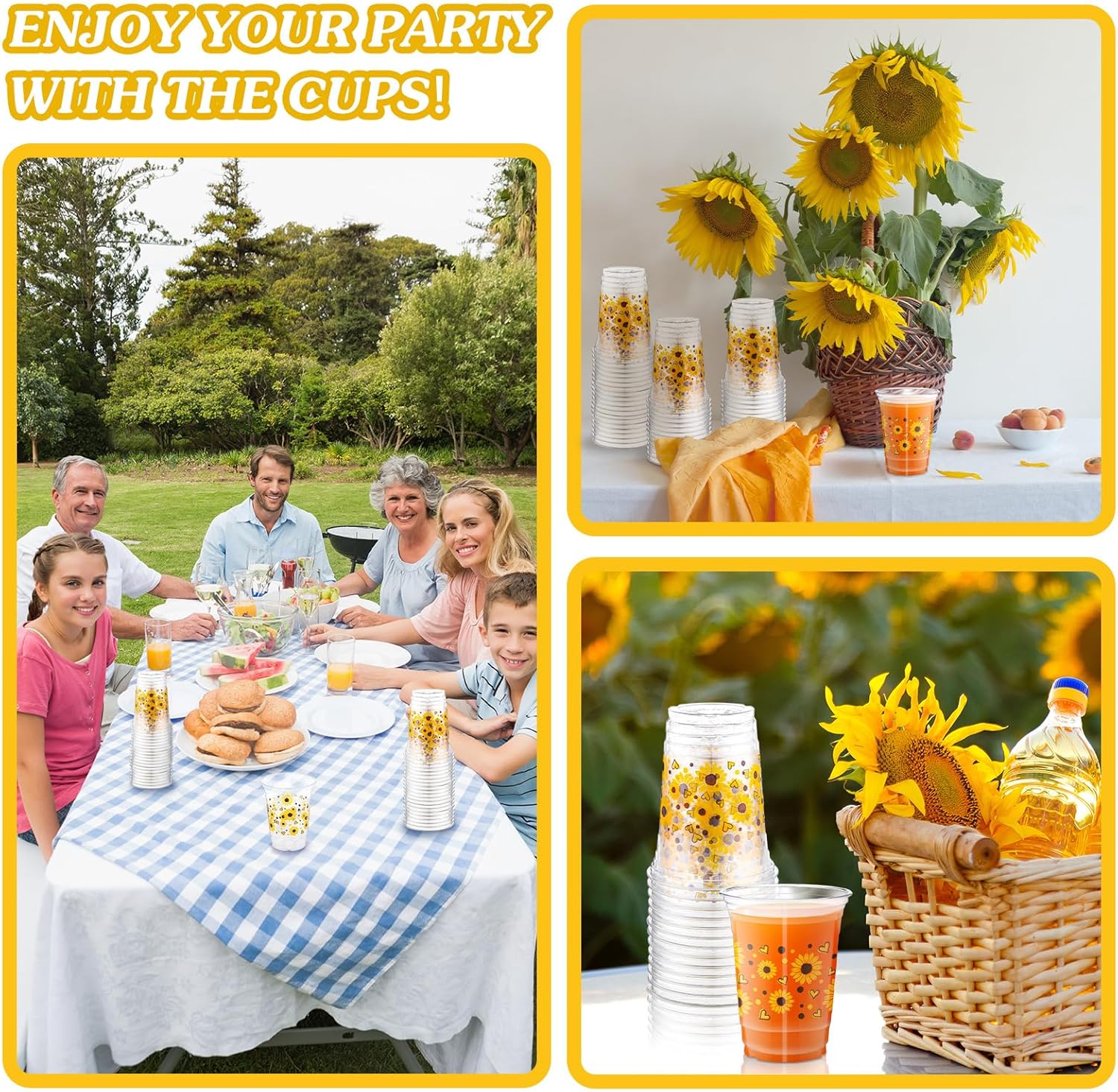50 Pcs 16 oz Sunflower Plastic Cups Disposable Clear Cold Drinking Tumblers for Birthday Party Supplies, Picnic, BBQ, Weddings, Anniversary, Home, Office