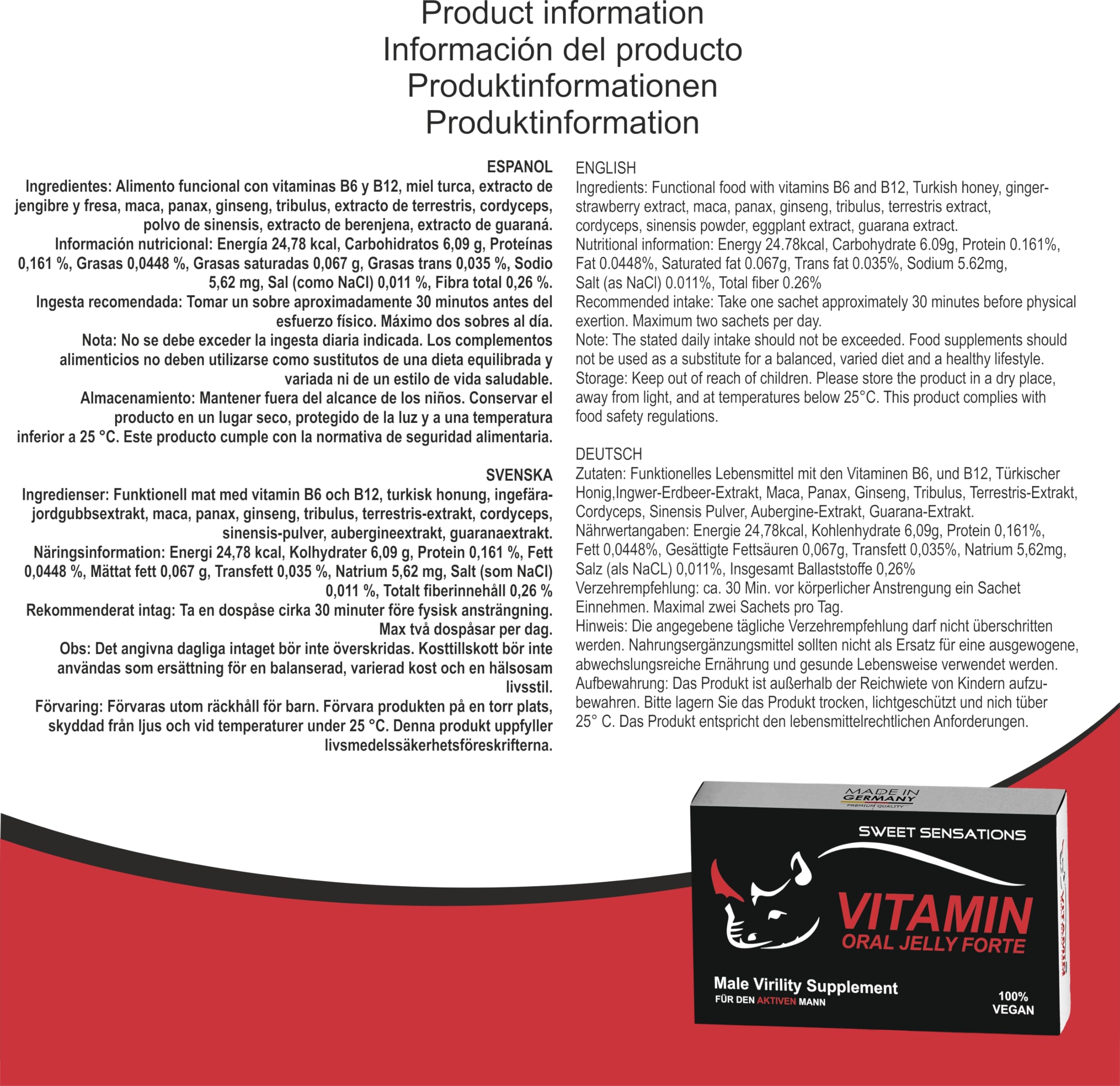 Vitamin Oral Jelly Forte - Complejo Vitamínico con Maca Negra, Tribulus Terrestris y Ginseng Rojo - Fórmula Natural Extra Fuerte para Hombres - Gel Oral - Paquete de 5