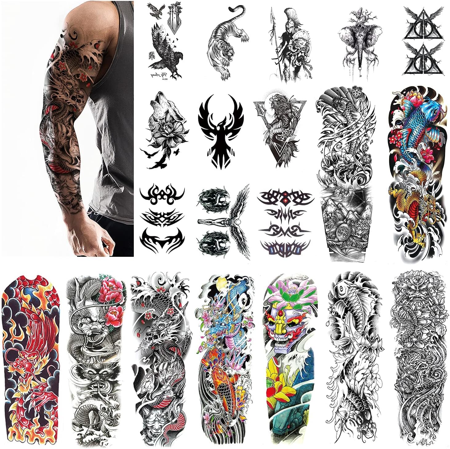 Aresvns Japanese Sleeve Tattoos for Men and Women 20 Sheets, full arm Temporary Tattoos for adults, Waterproof Large Koi Fake Tattoos