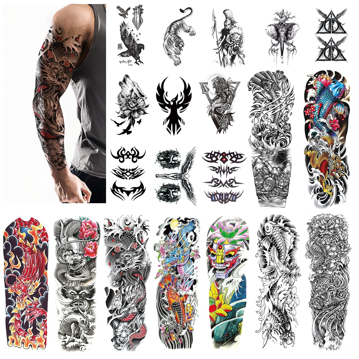 Aresvns Japanese Sleeve Tattoos for Men and Women 20 Sheets, Full Arm Temporary Tattoos for Adults, Waterproof Large Koi Fake Tattoos for BBQ Pool Beach Party