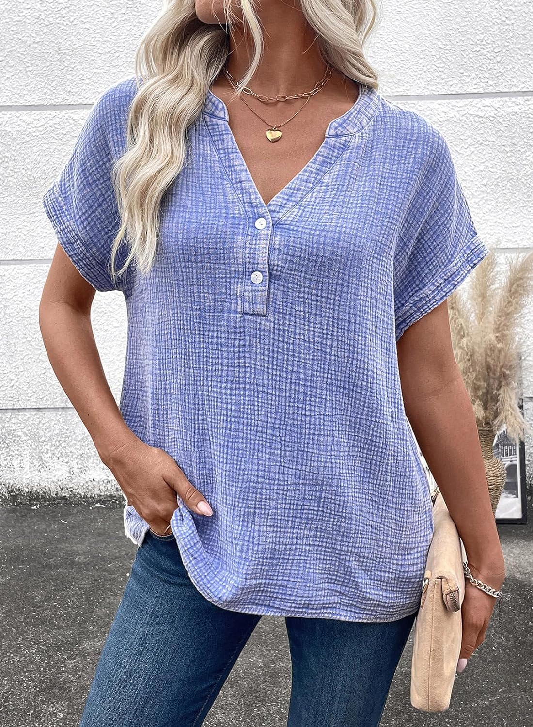 Dokotoo Women's Summer 2026 Boho Tops Casual Button Short Sleeve V Neck Shirts Solid Cotton Blouses - Image 3