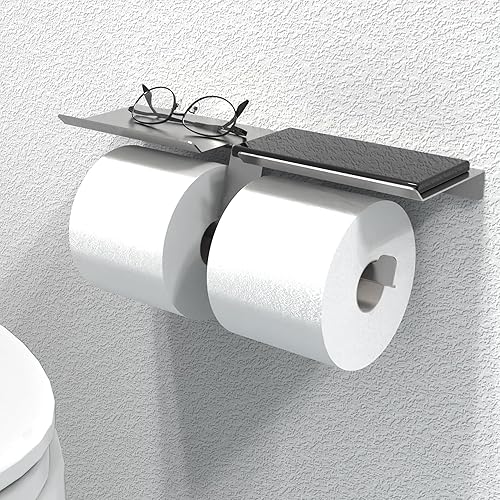 Miniatura 2 de Soporte de papel higiénico con estante para megarrollos, organizador de baño para teléfono celular, tableta o toallitas húmedas, fácil carga,