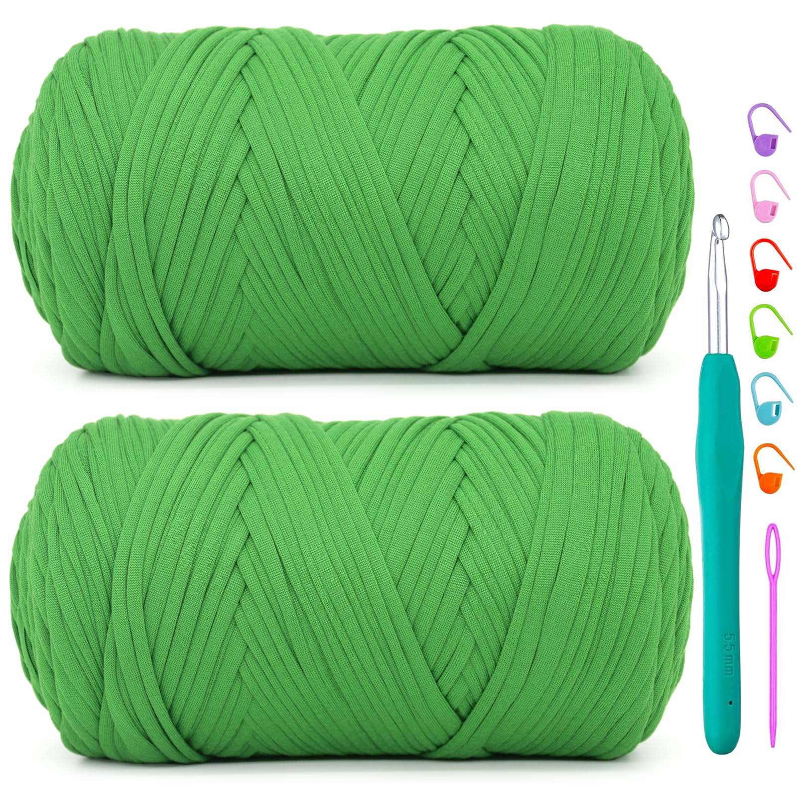 2 Pack Tshirt Yarn for Crochet,Green T Shirt Soft Elastic Fabric Chunky Thick T-Shirt Crochet Yarn for Crocheting Knitting Beginner Hand Knitting Bag/