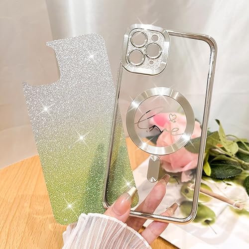 Vista 30 de Fiyart - Funda transparente magnética con purpurina para iPhone 12 para mujeres, con grabado "Love" metálico, protección para cámara y antigolpes