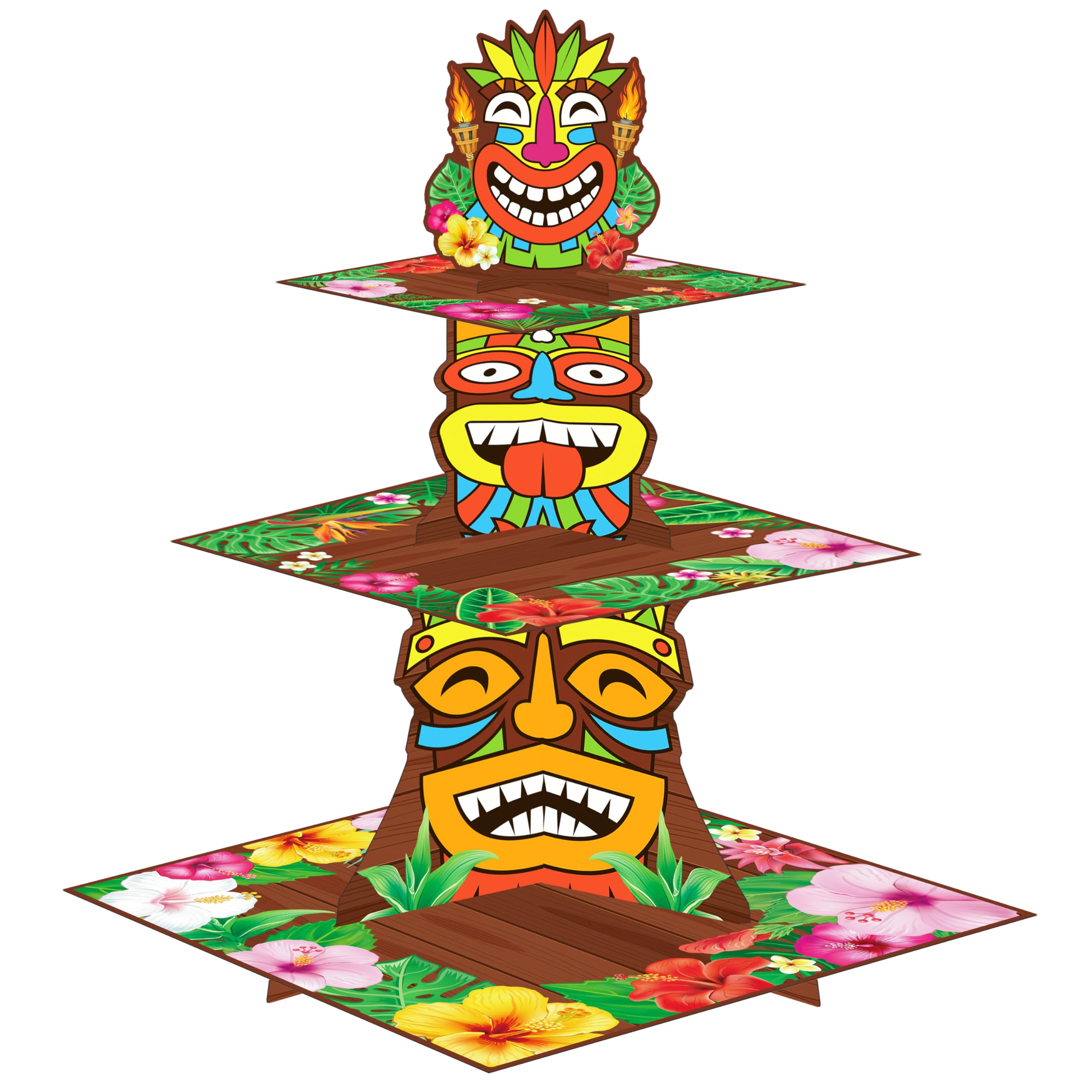 Hawaii Tiki Cupcake Stand Hawaiian Luau Party Decorations 3 Tier Tiki Faces and Tropical Flowers Theme Cupcake Holder Aloha Dessert Tower for Hawaii Summer Theme Party Supplies
