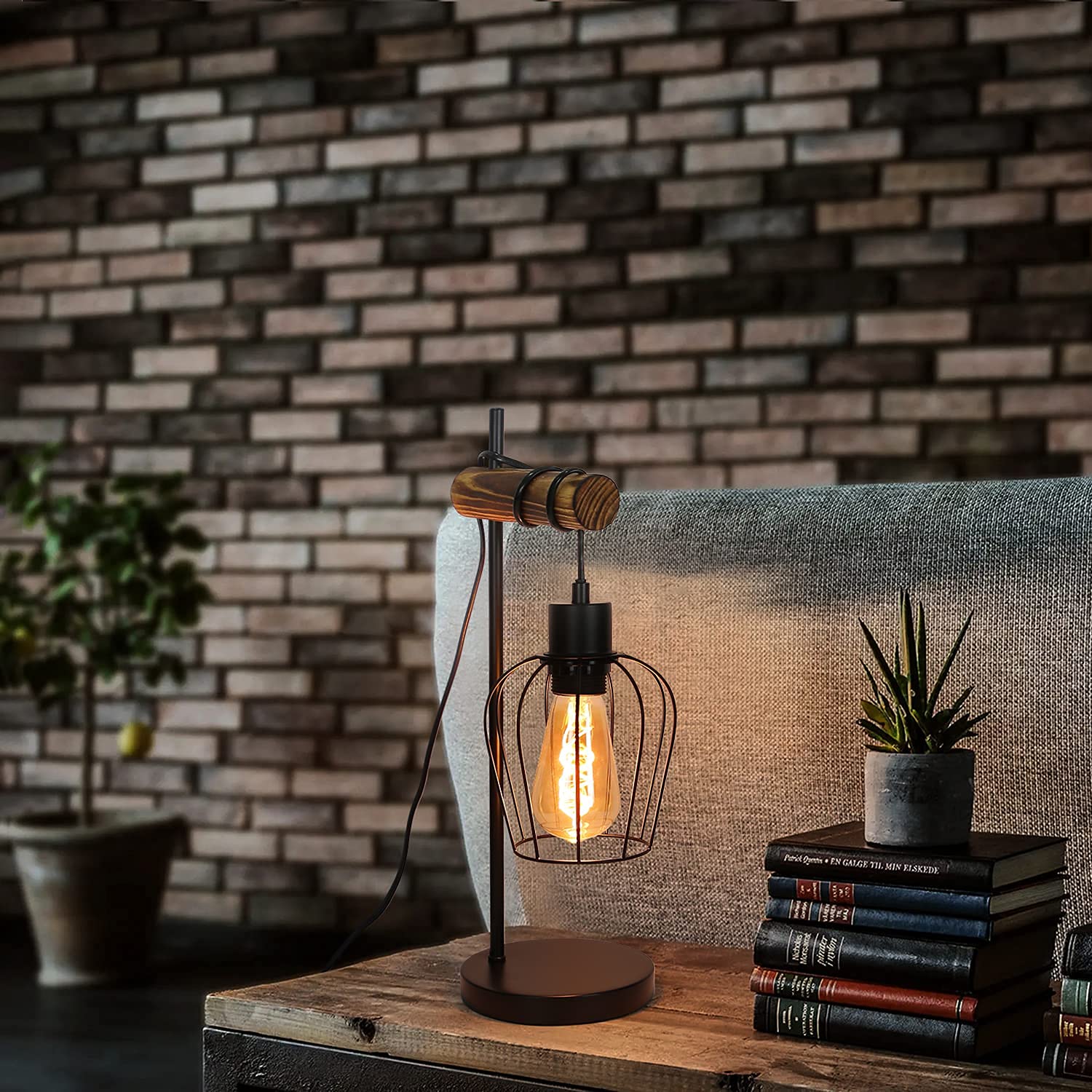 ZMH Tischlampe Vintage Tischleuchte Wohnzimmer Holz: E27 Nachttischlampe Schlafzimmer im Industrial Design aus Metall Schwarz Bettlampe mit 180cm Kabel Dekorativ für Cafe Hotel - ohne Leuchtmittel