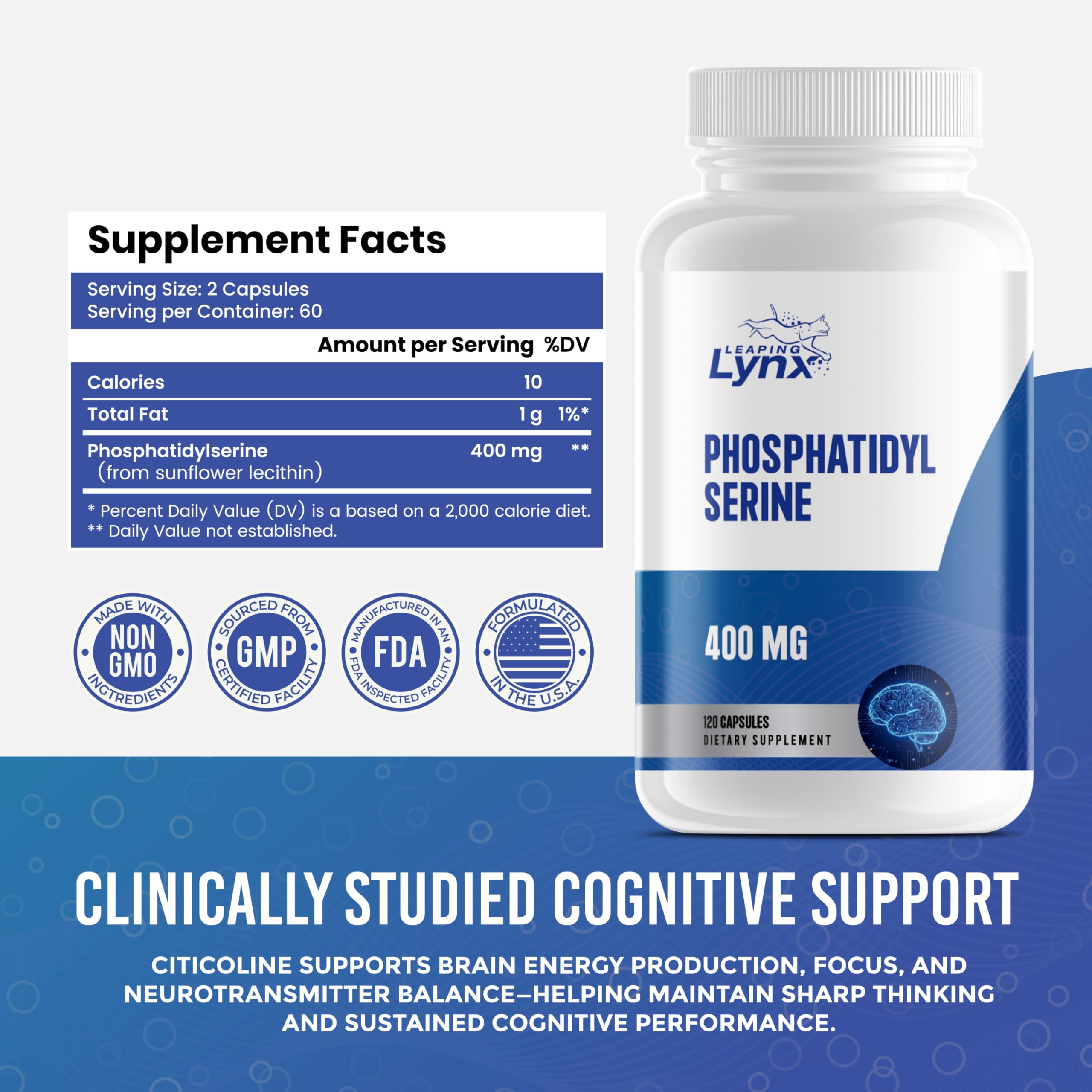 Phosphatidylserine 400mg Supplement – Phosphatidyl Serine from Sunflower Lecithin for Brain Health, Memory, Focus, Mental Clarity & Cognitive Support – Nootropic, Soy-Free, 120 Capsules — Amazon image 2