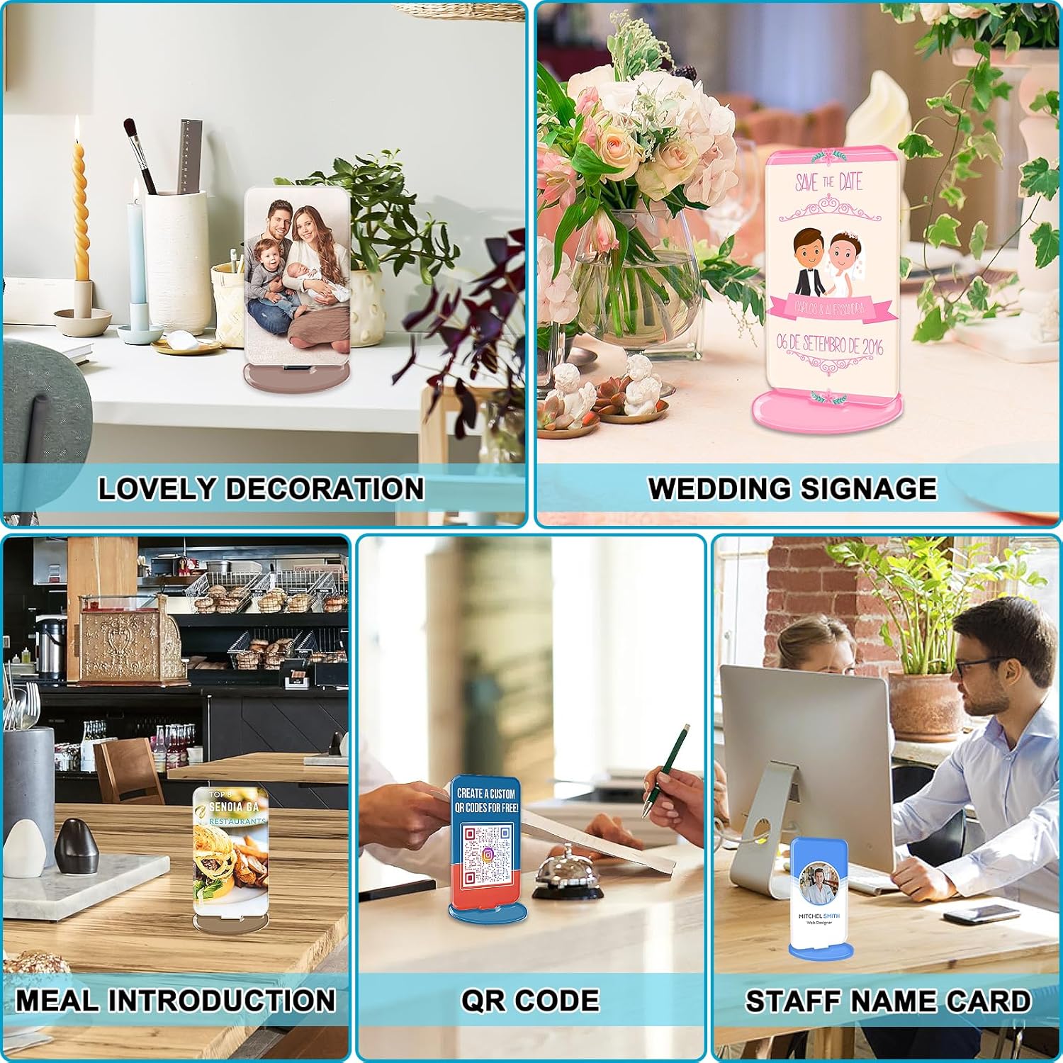 HYHOSHI 10 Pack Sublimation Blanks Acrylic Photo Display Stand, 4" x 2.4" Table Sign blanks With Acrylic Base for Heat Transfer DIY Design, Office Store Restaurants Wedding Party Decoration