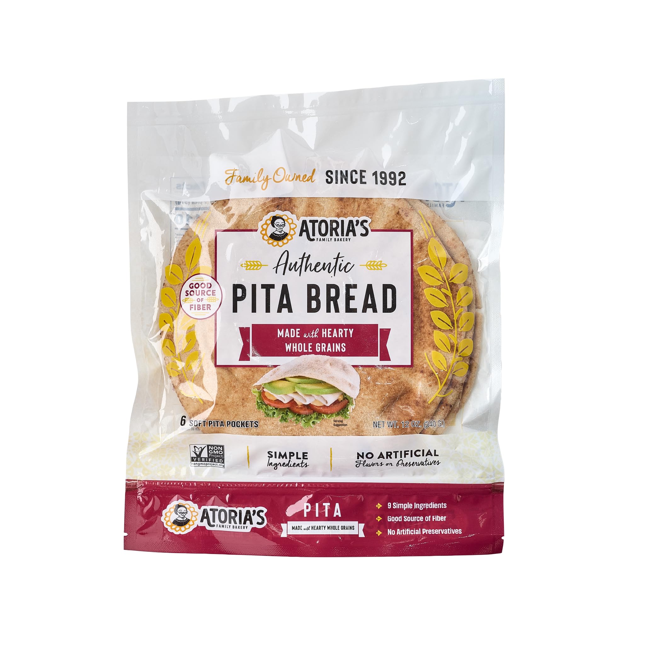 Atoria's Family Bakery Whole Grain Pita Flatbread 8 Pack | 48 Individual Pita Pockets | Fresh Baked, All Natural, GMO Free, and No Artificial Preservatives or Flavors 8-Packs of 6 Sheets (48 Sheets)