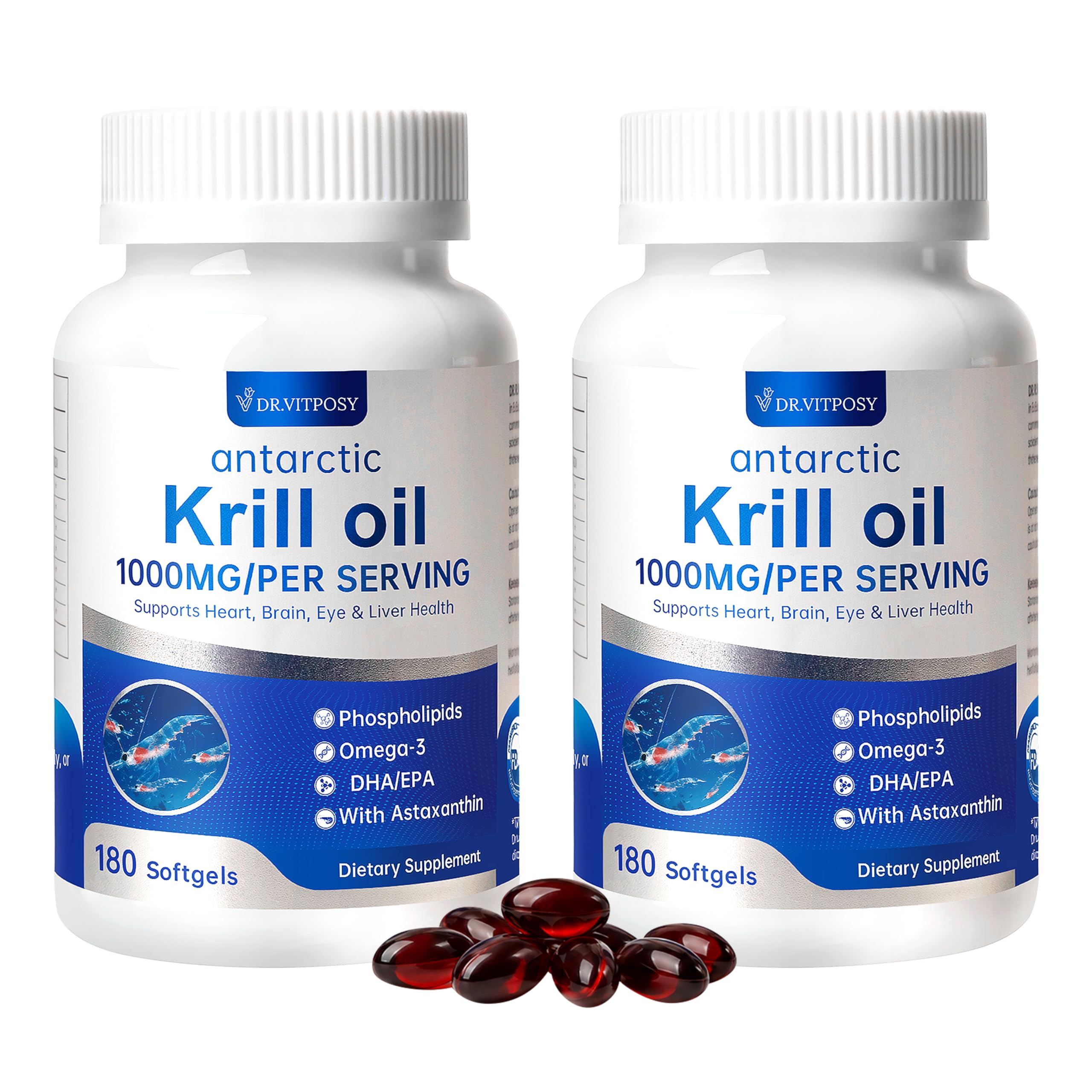 Antarctic Krill Oil | 1000mg Per Serving, Omega-3 EPA DHA Choline Astaxanthin & Phospholipids, Mercury Free, No Fishy Aftertaste, Supports Joint, Heart, Brain & Immune Health, 360 Softgels 2 bottles