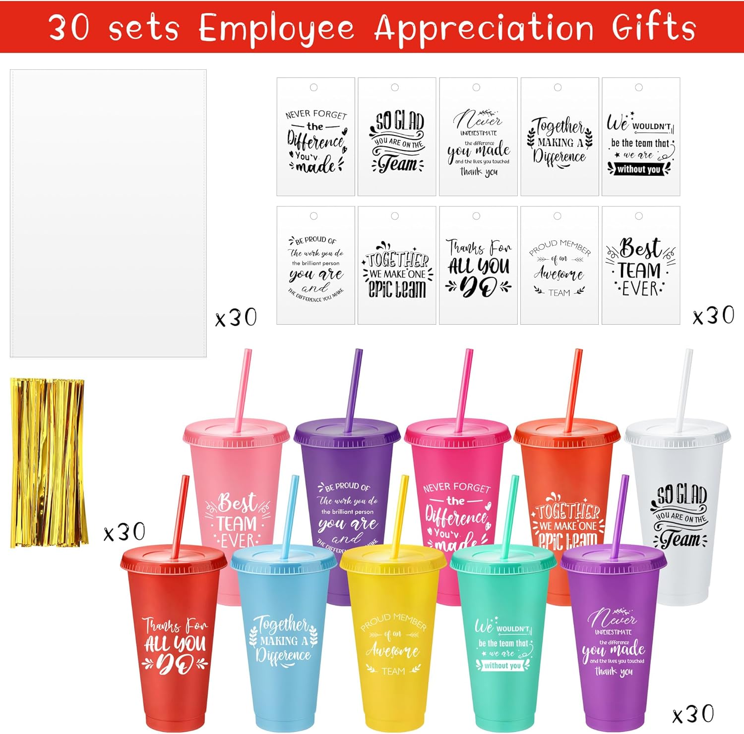 Skylety 30 Pcs Valentine Galentine Employee Appreciation Gift Bulk 24 oz Plastic Tumbler Cup with Lids Straws Thank You Cup Bulk for Coworker Team Teacher Nurse Volunteer(Motivational,Vibrant Colors) - Image 3
