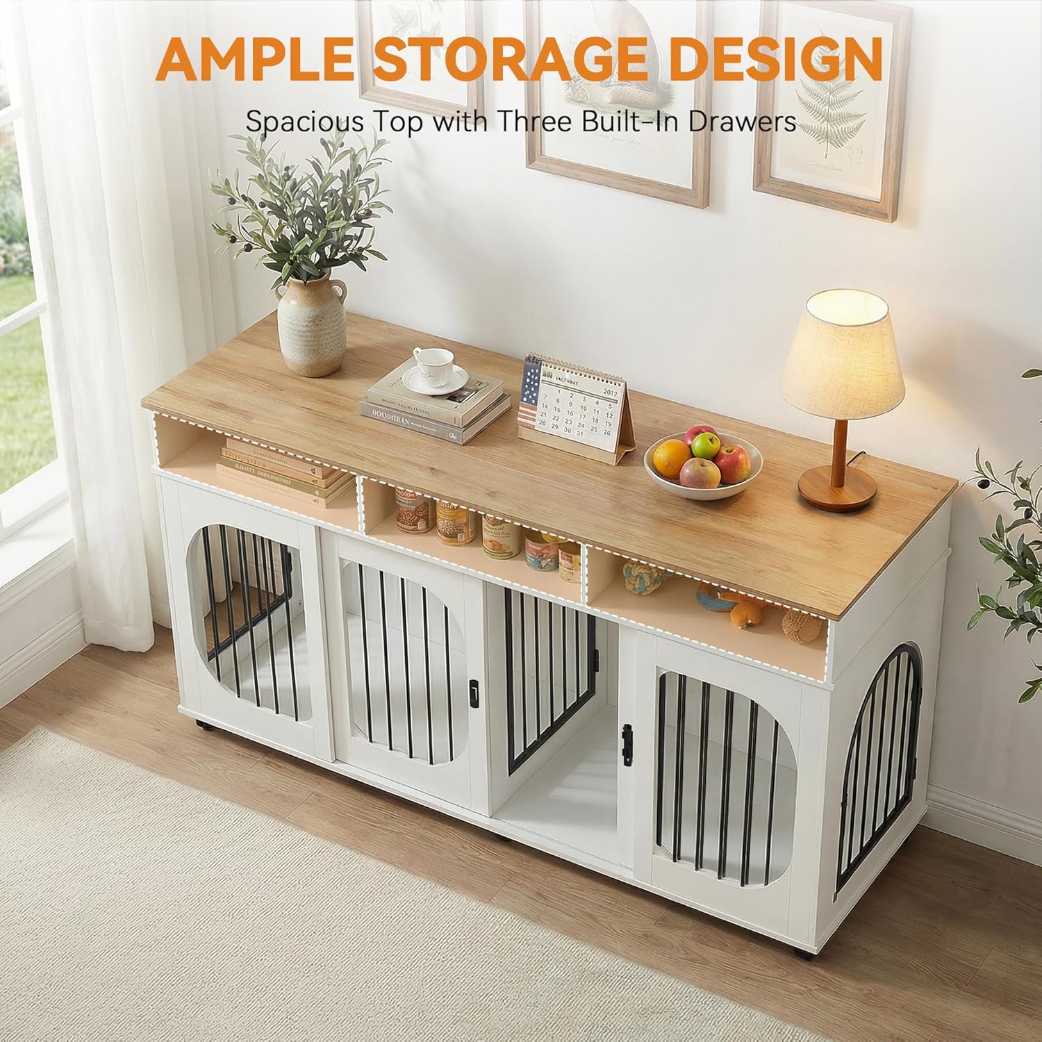 71" Double Dog Crate Furniture, Heavy Duty Indoor Dog Kennel with 3 Storage Drawers & Removable Divider,Wooden Double Dog Kennel for 2 Dogs,6 Lockable Wheels