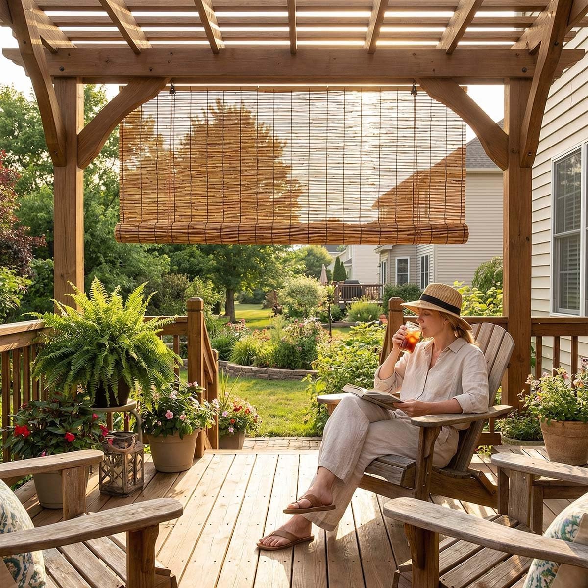 Outdoor Bamboo Roller Blinds, Retro Breathable Reed Shades for Patio Porch Sunroom Pergola, No Drill Roman Blinds for Indoor Windows, Privacy Roll Up Shades for Windows(80" W x 72" H)
