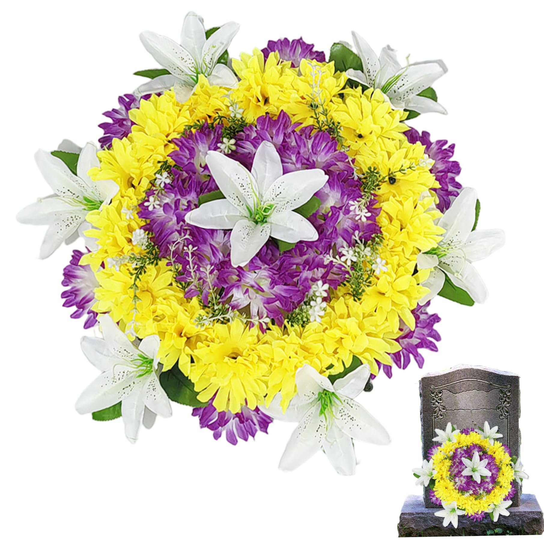 Funeral Wreath, 14 Inch Lifelike Lily Flower Silk Funeral Wreath, Memorial Low Maintenance Cemetery Flowers for Grave Decorations and Tributes
