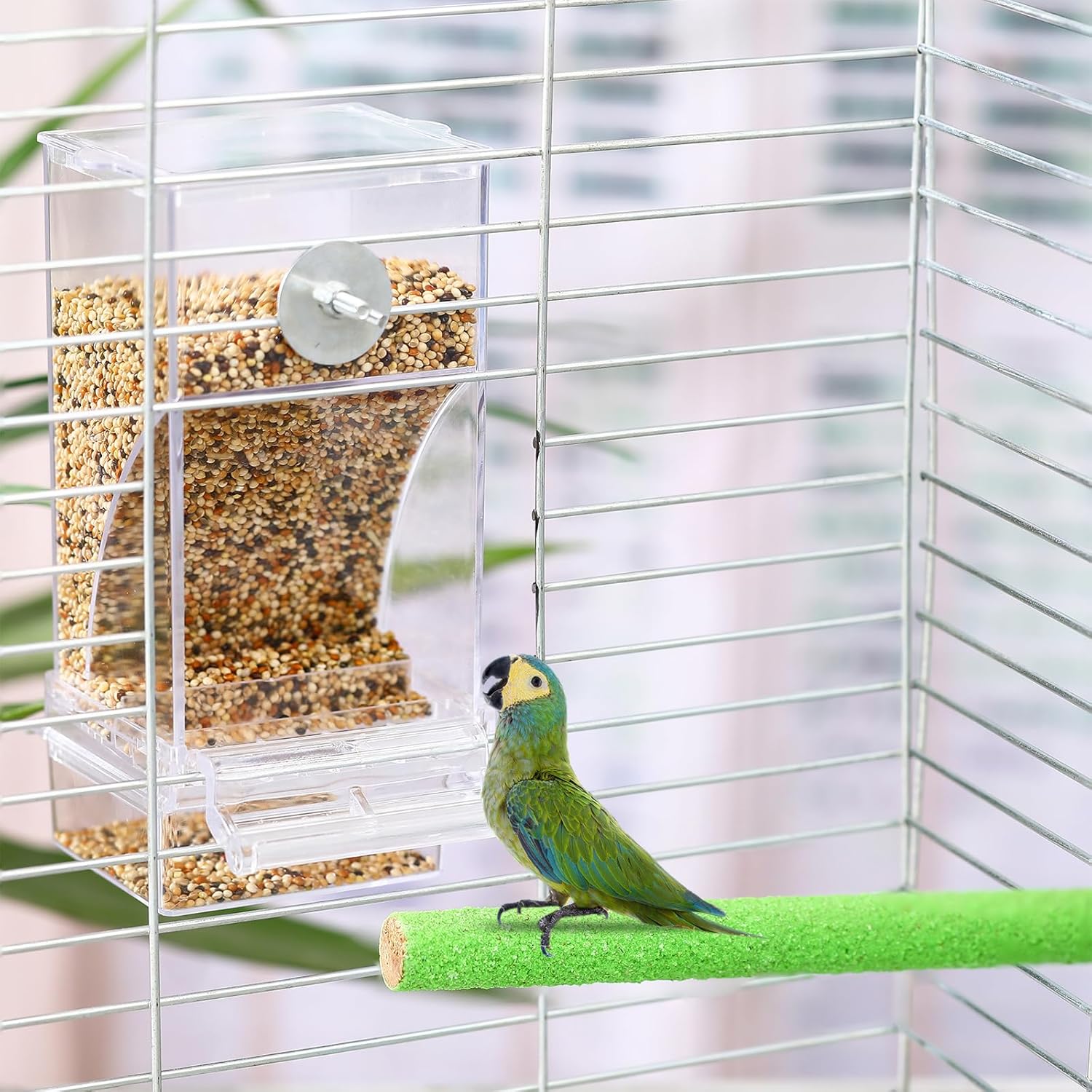 Novabright 7 Pcs No Mess Bird Feeder Water Dispenser Set Include Automatic Parakeet Feeder and Drinker with Bird Paw Grinding Stick Cage Accessories for Small Medium Cockatiel Lovebird(Classic,Clear)