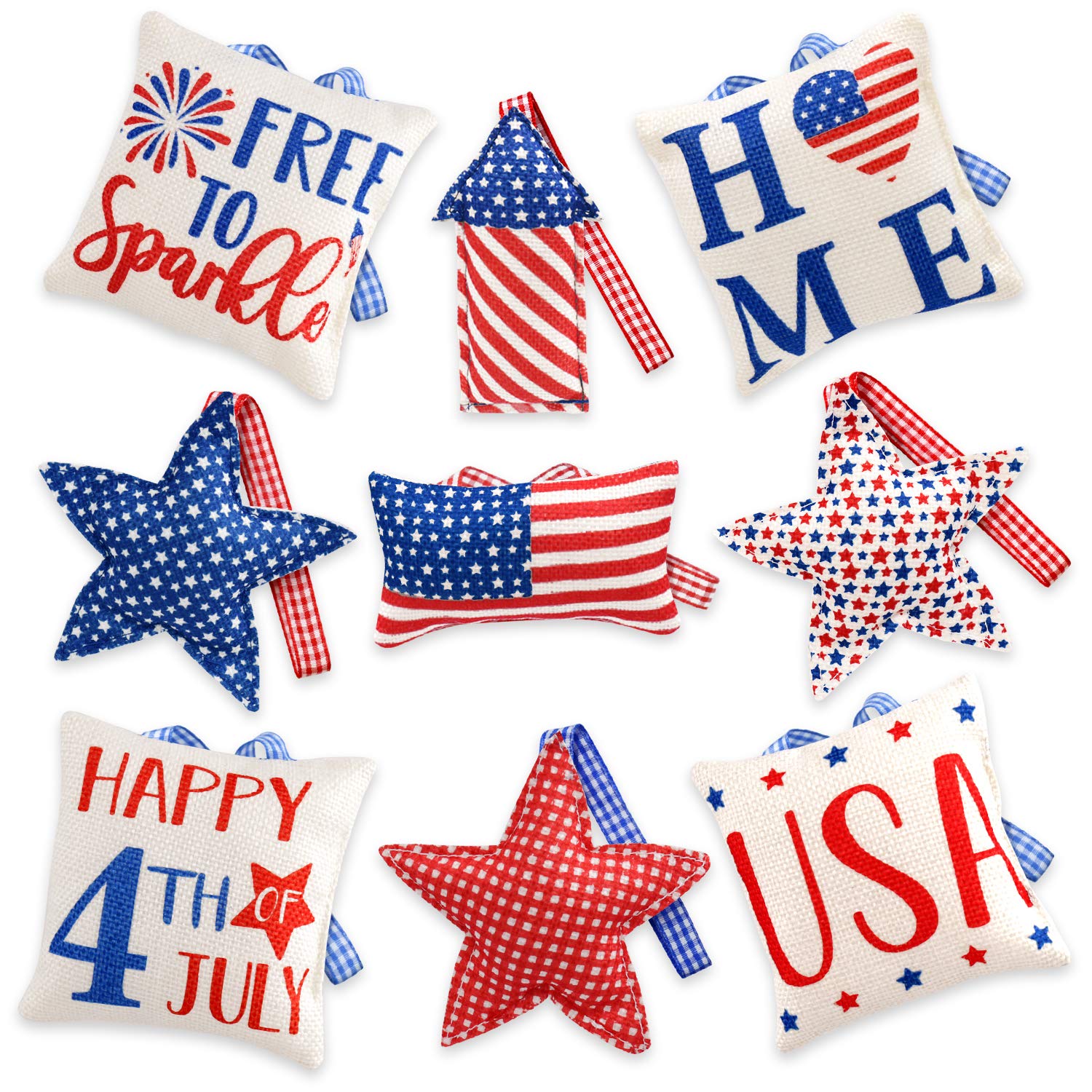 4th of July Mini Pillow Decorations Set of 9, USA Patriotic Tiered Tray Decor, July 4th Farmhouse Mini Pillows, Independence Day Hanging Ornament, Memorial Day Veterans Day Bowl Decorations