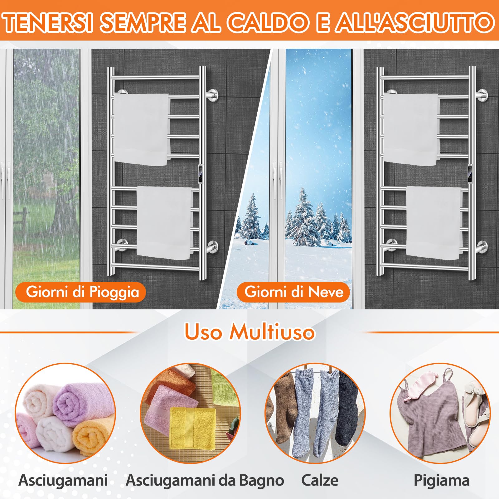 COSTWAY Scaldasalviette Elettrico 120W con 10 Barre e Timer e Display LCD | Portasciugamani Elettrico Riscaldato Impermeabile in Acciaio Inox, Argento