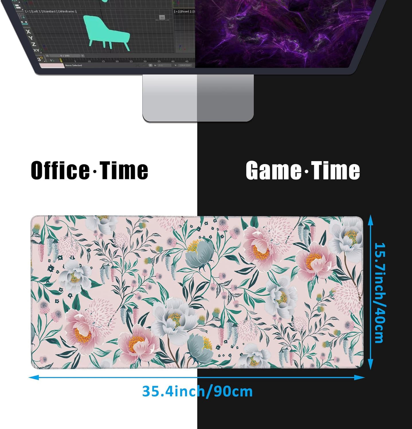 Floral Desk Mat,Large Gaming Mouse Pad,Non-Slip Rubber Base Desk Pad with Stitched Edges for Desk Office Home Decor 35.4X15.7 Inch - Image 2